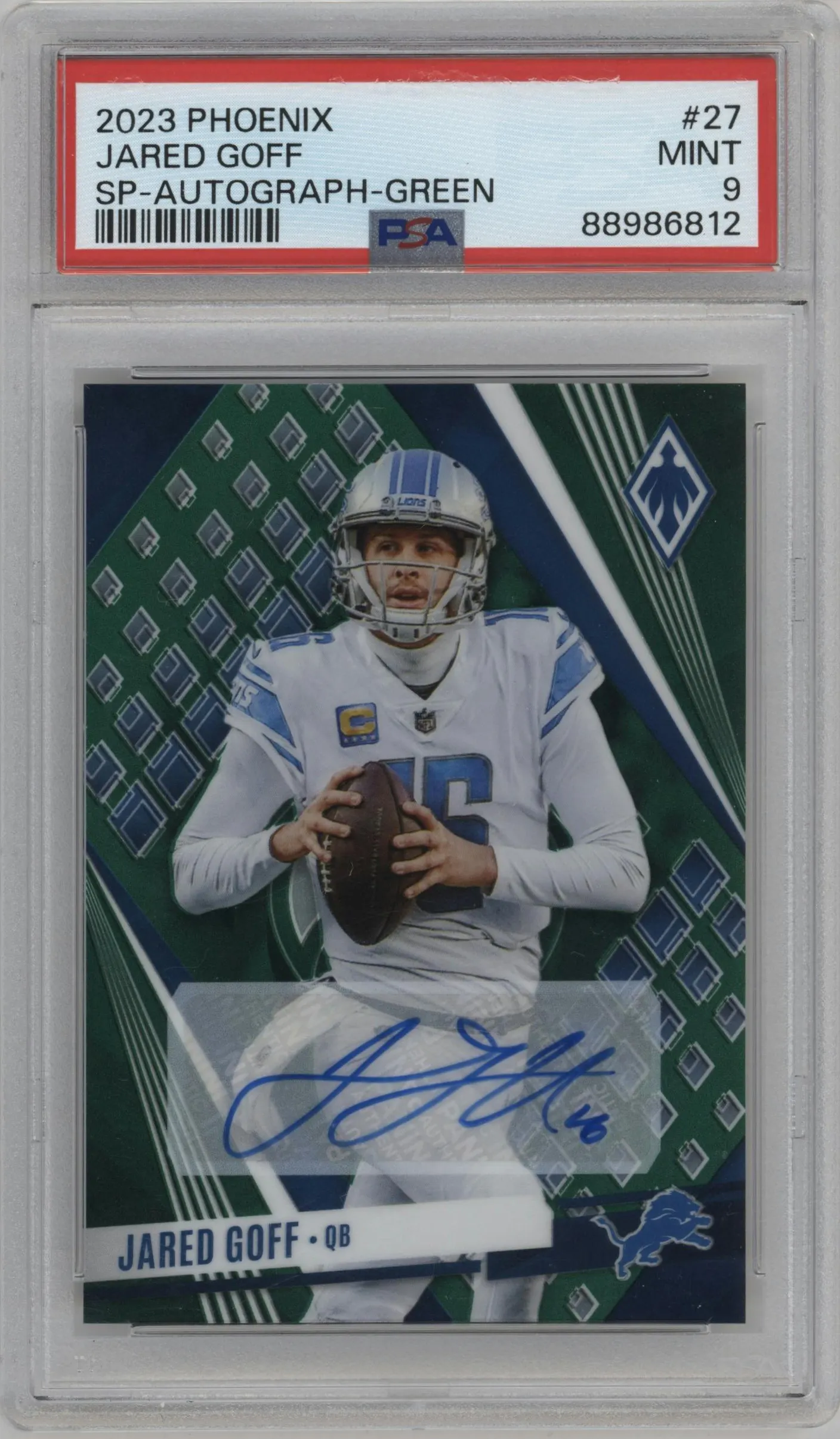 2023 Panini Phoenix SP Auto Jared Goff Green #27 PSA 9