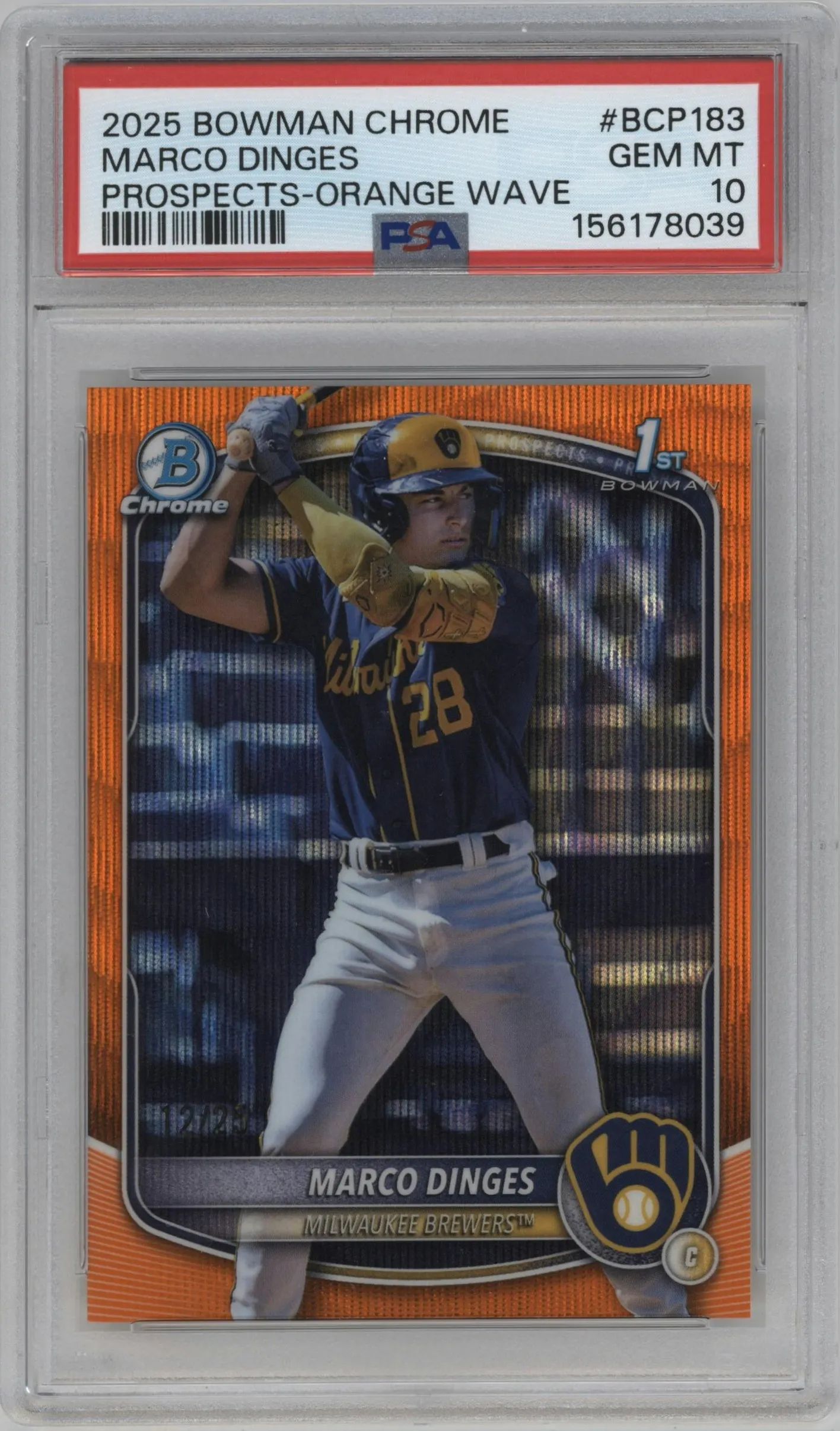 2025 Bowman Chrome Chr.Pros. Marco Dinges Orange Wave #BCP-183 PSA 10