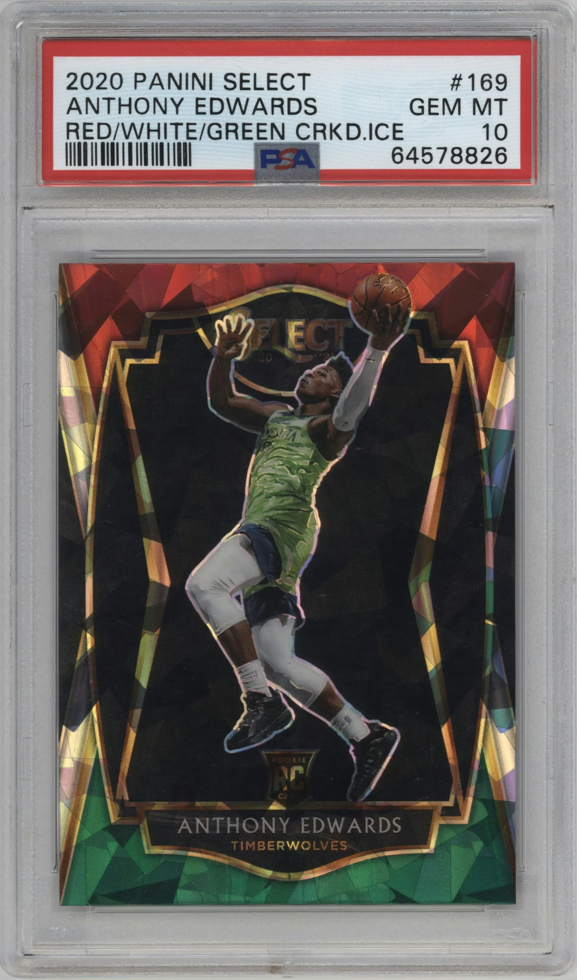 2020 Panini Select Pre.Lvl. Anthony Edwards Red/White/Green Cracked Ice PSA 10