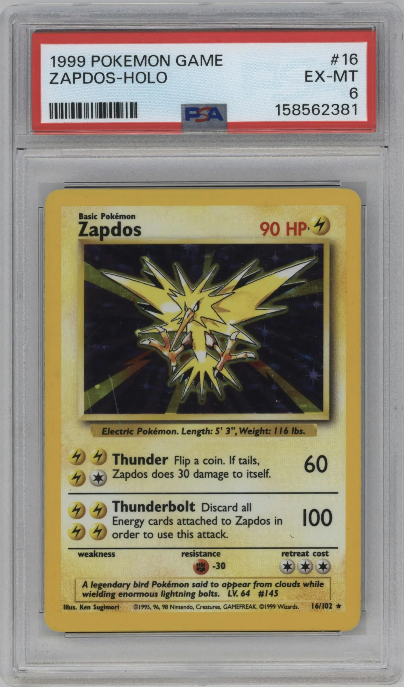 1999 Pokemon Base Set Zapdos #16 PSA 6