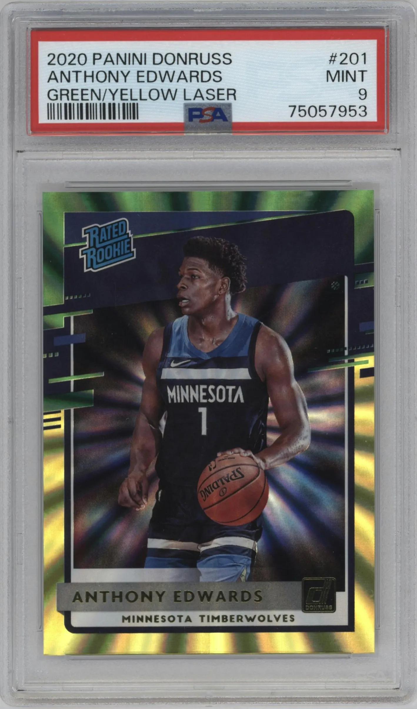 2020 Panini Donruss Rated Rookie Anthony Edwards Green & Yellow Laser #201 PSA 9