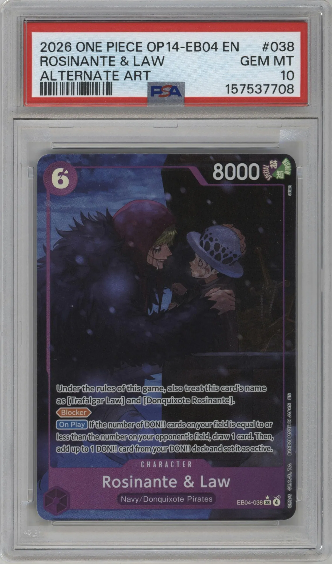 2026 One Piece The Azure Sea's Seven Rosinante & Law Alternate Art SR #EB04-038 SR PSA 10