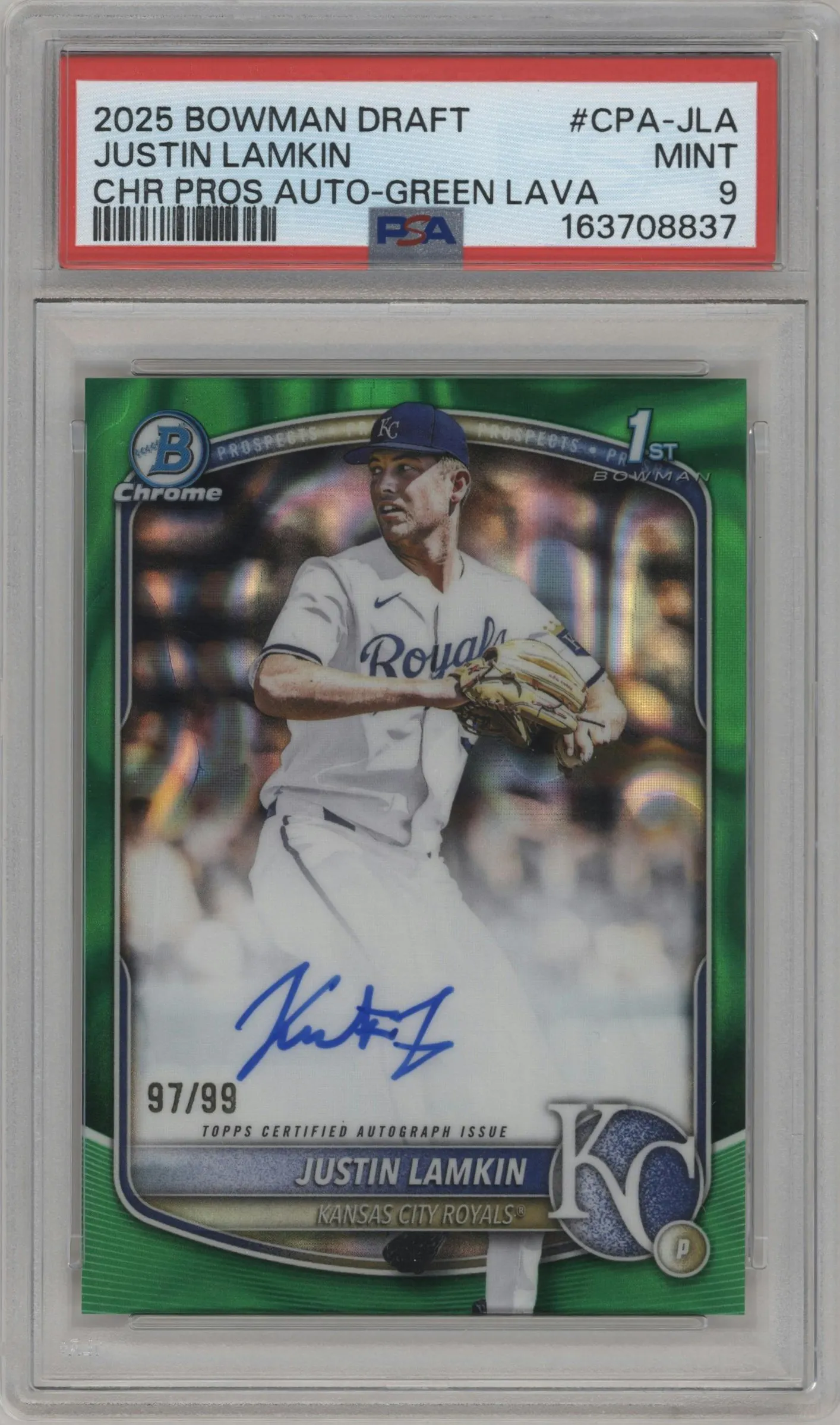 2025 Bowman Draft Chr.Pros.Auto Justin Lamkin Green Lava Refractor #CPA-JLA PSA 9