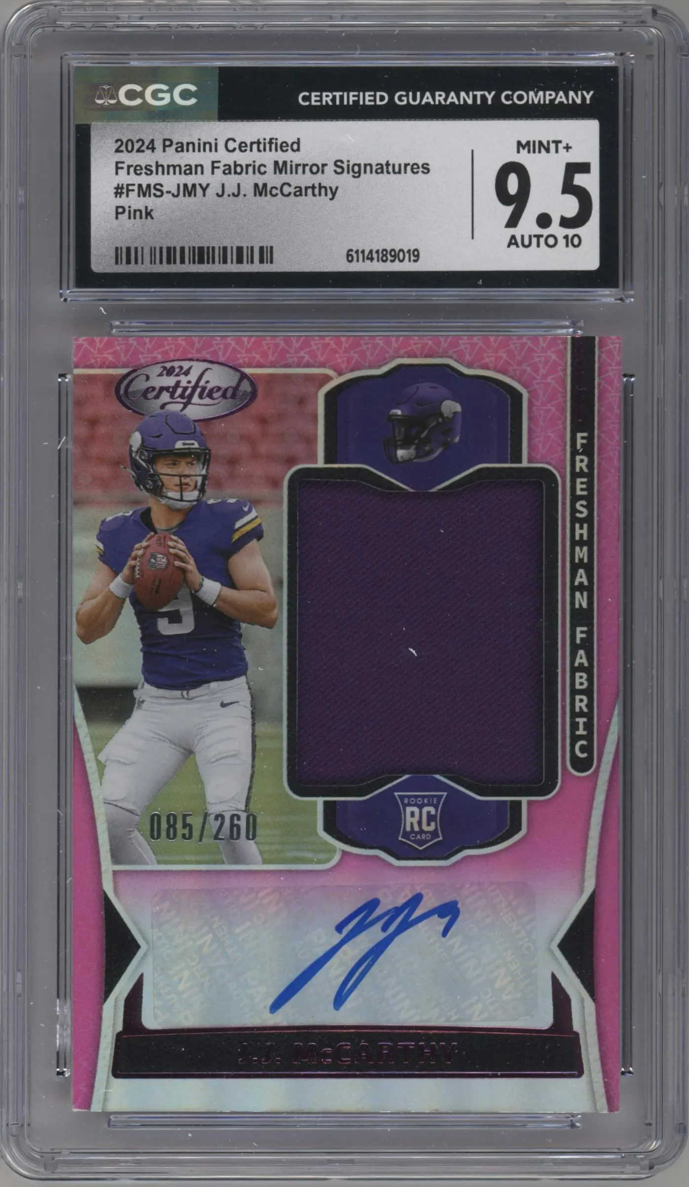 2024 Panini Certified Frshmn.Fab.Mrrr.Sig. J.J. McCarthy Pink #FMS-JMY CGC 9.5