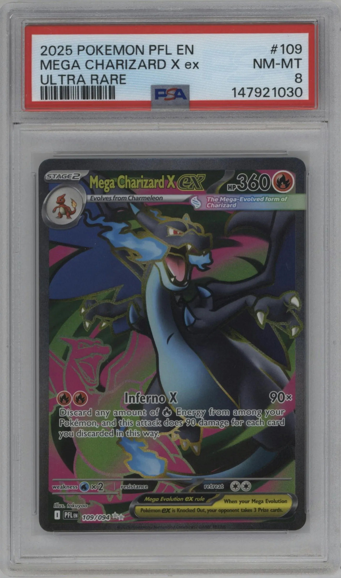 2025 Pokemon Mega Evolution Phan. Flames Mega Charizard X ex #109 PSA 8