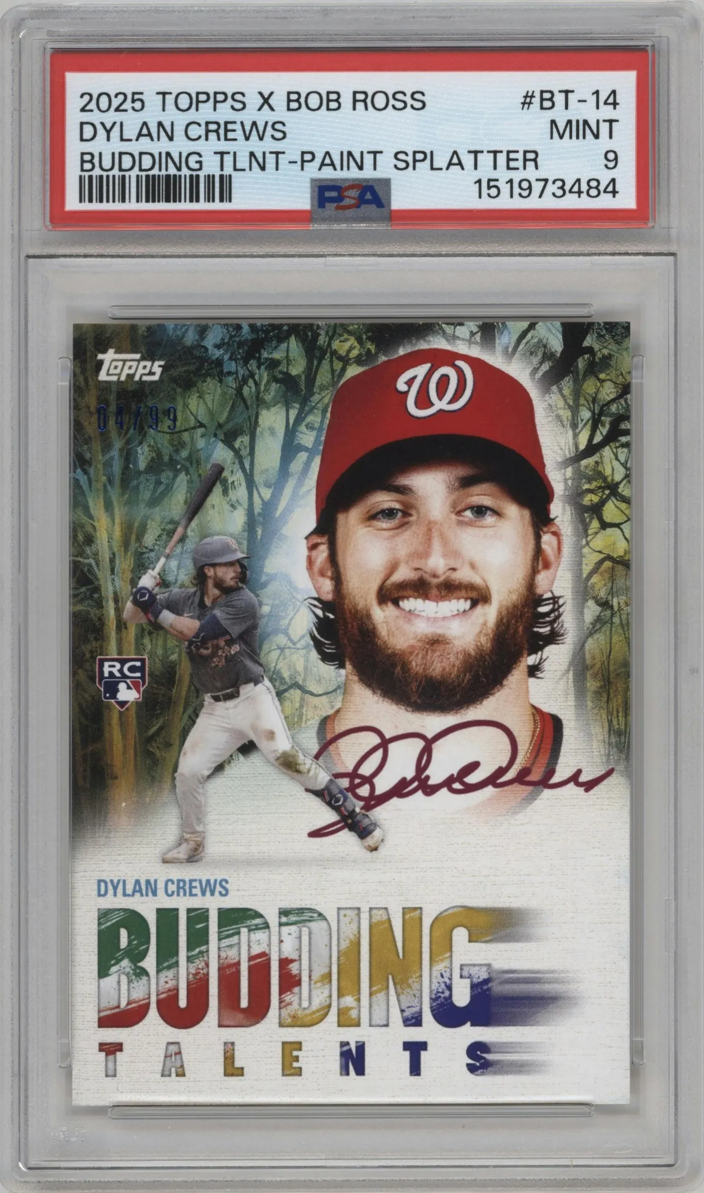 2025 Topps x Bob Ross: The Joy of Baseball Budding Talents Dylan Crews Paint Splatter #BT-14		 PSA 9