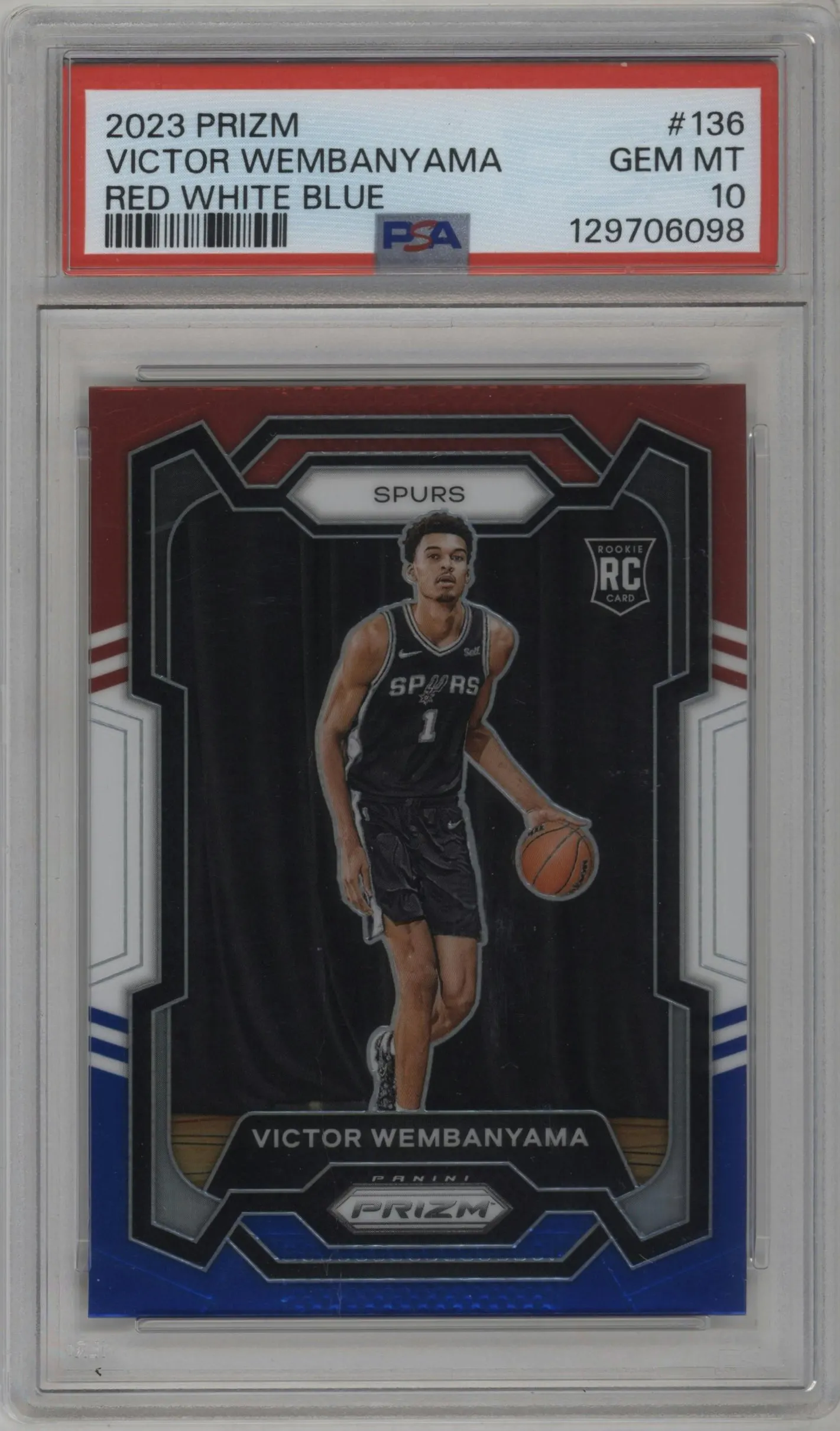 2023 Panini Prizm Victor Wembanyama Red White Blue Prizm #136 PSA 10