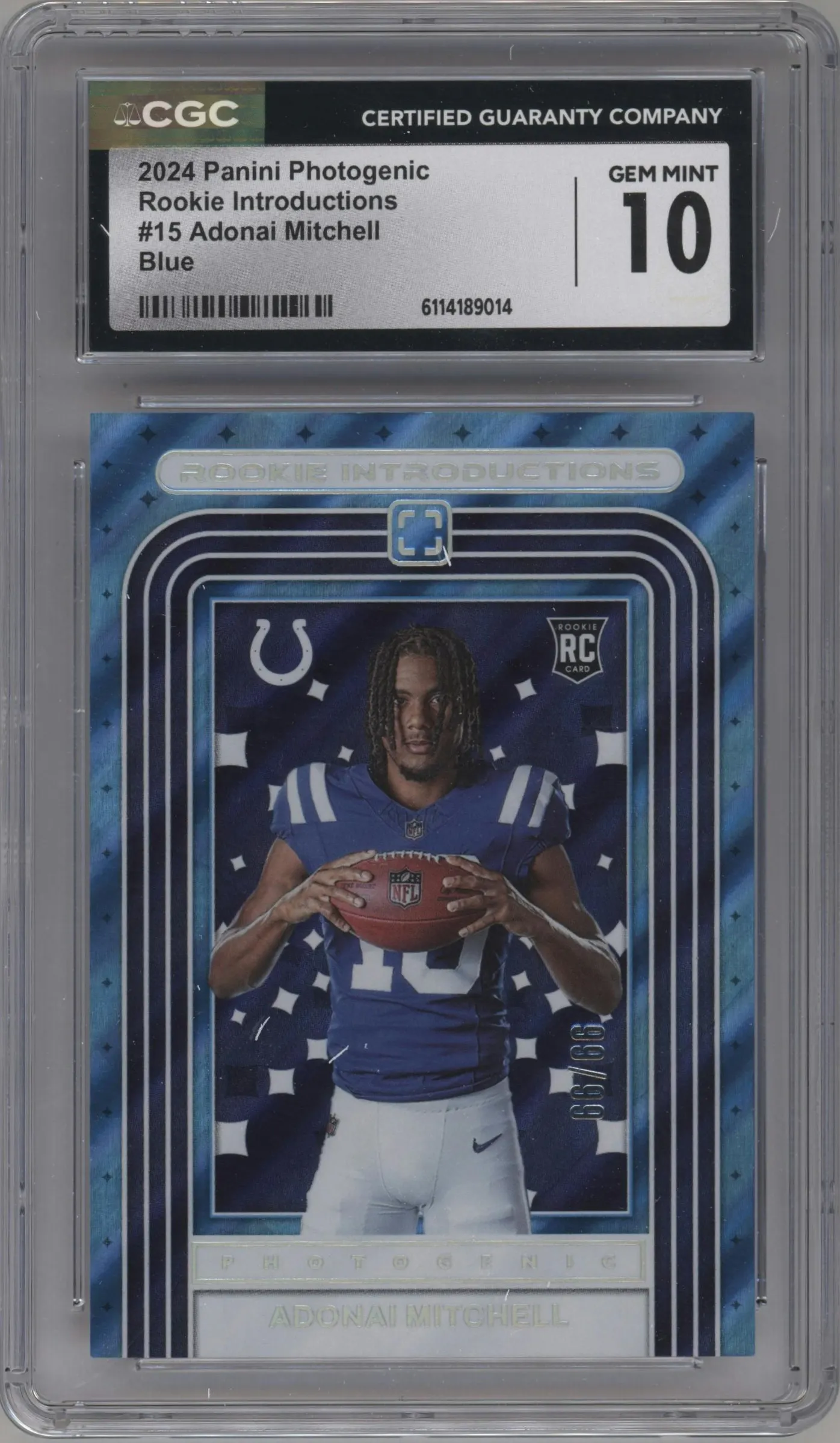 2024 Panini Photogenic Rke.Intro. Adonai Mitchell Blue #15 CGC 10