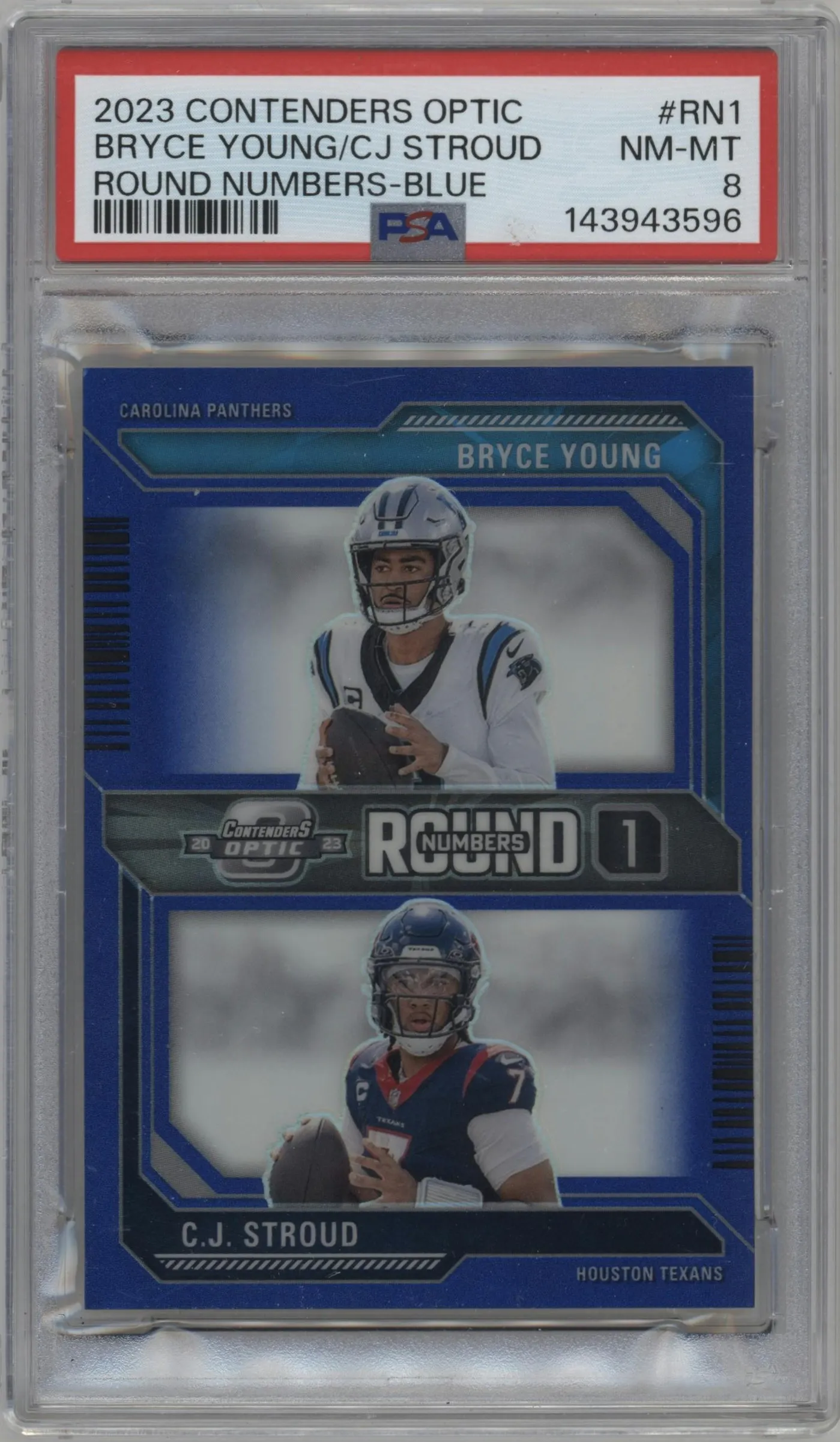 2023 Panini Contenders Optic Round Numbers Bryce Young/C.J. Stroud Blue #RN-1 PSA 8