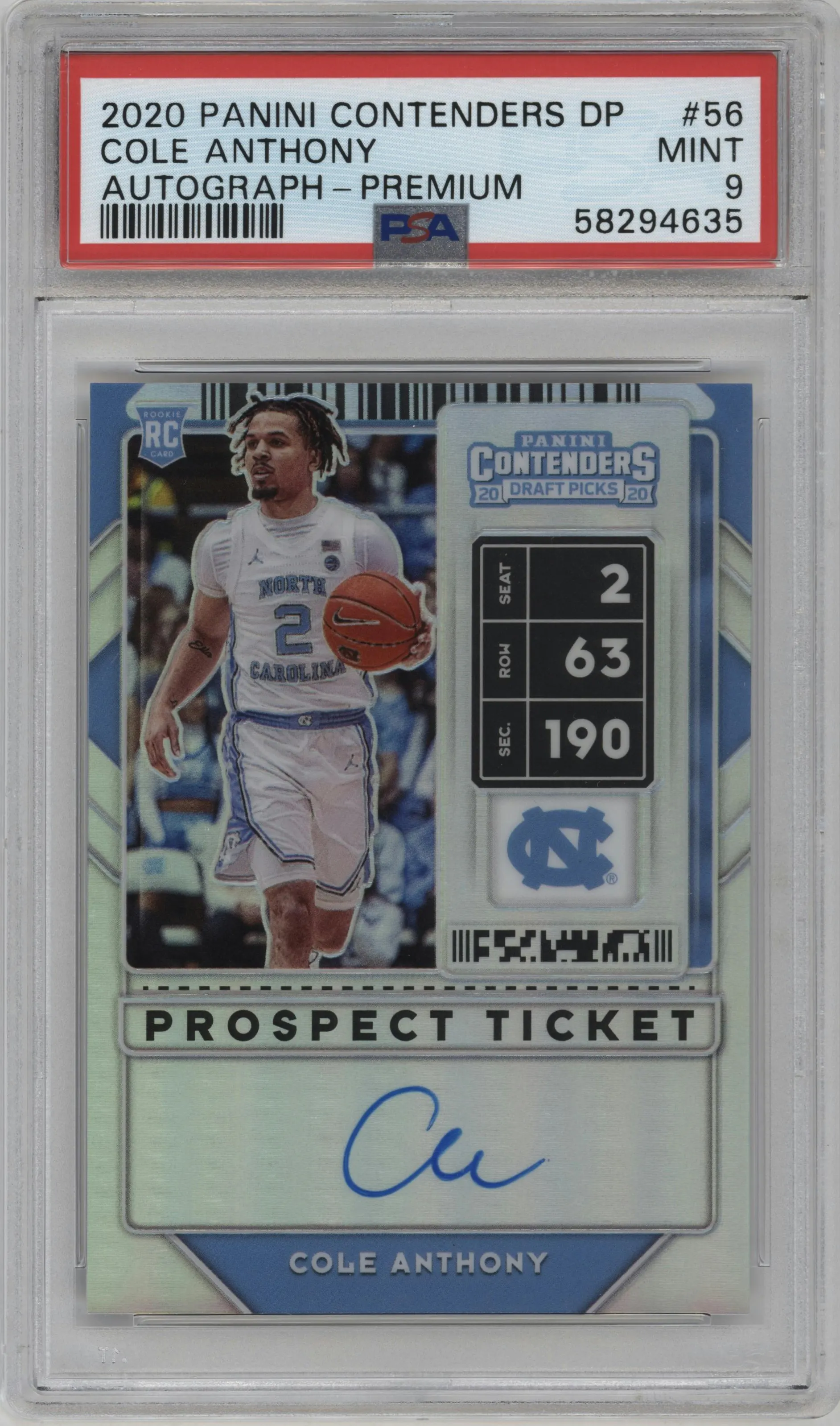 2020 Panini Contenders Draft Picks Pros.Tkt.PE.RPS Au Cole Anthony #56 PSA 9