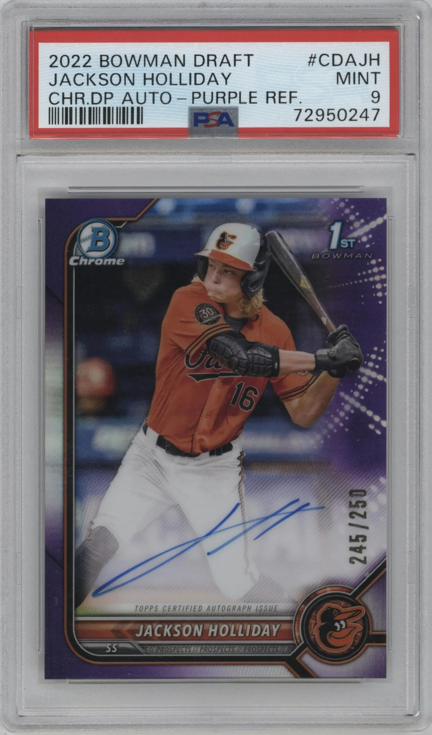 2022 Bowman Draft Chr.DP Auto Jackson Holliday Purple Refractor #CDA-JH PSA 9