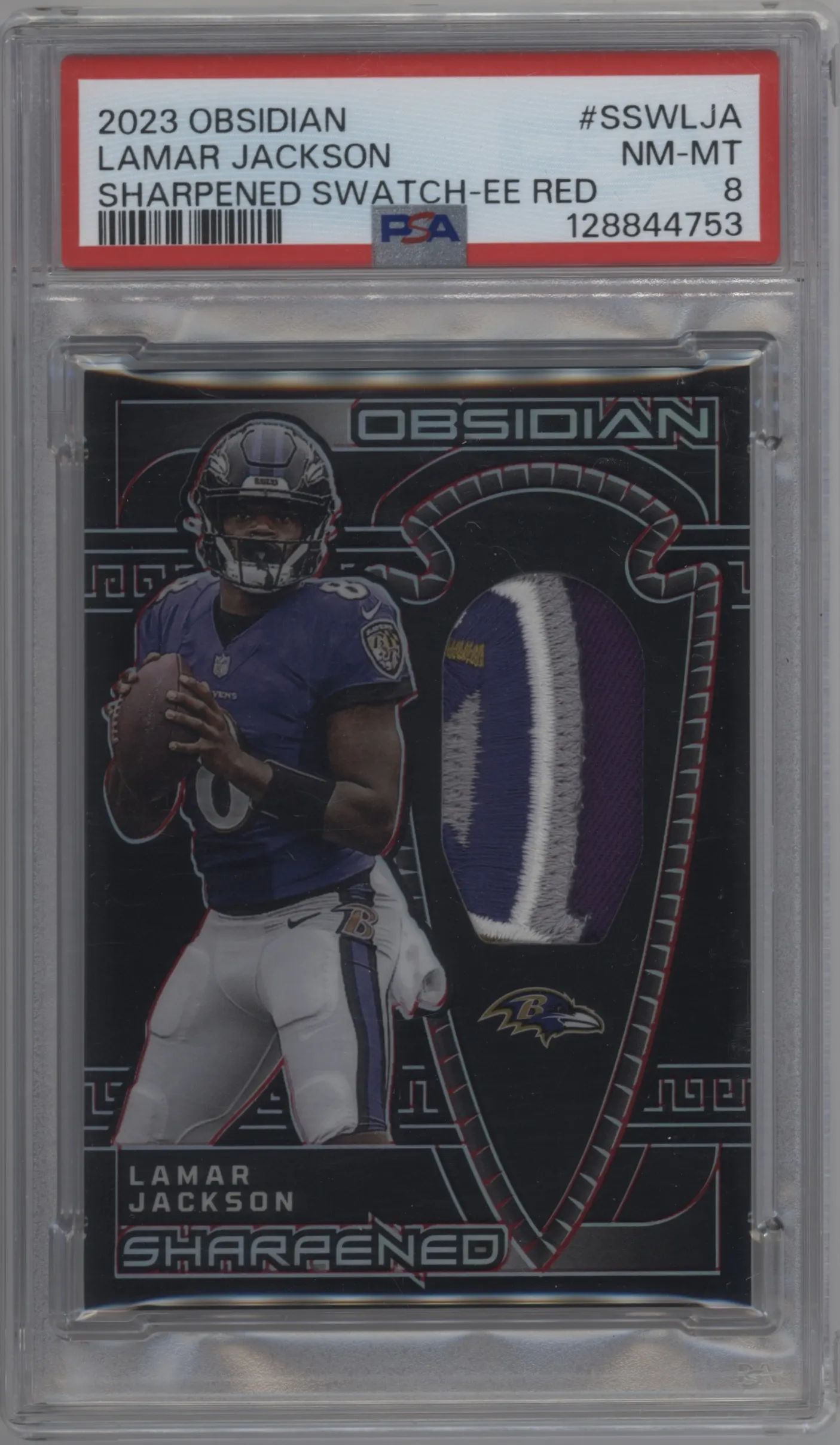 2023 Panini Obsidian Sharpened Swch. Lamar Jackson Electric Etch Red PSA 8