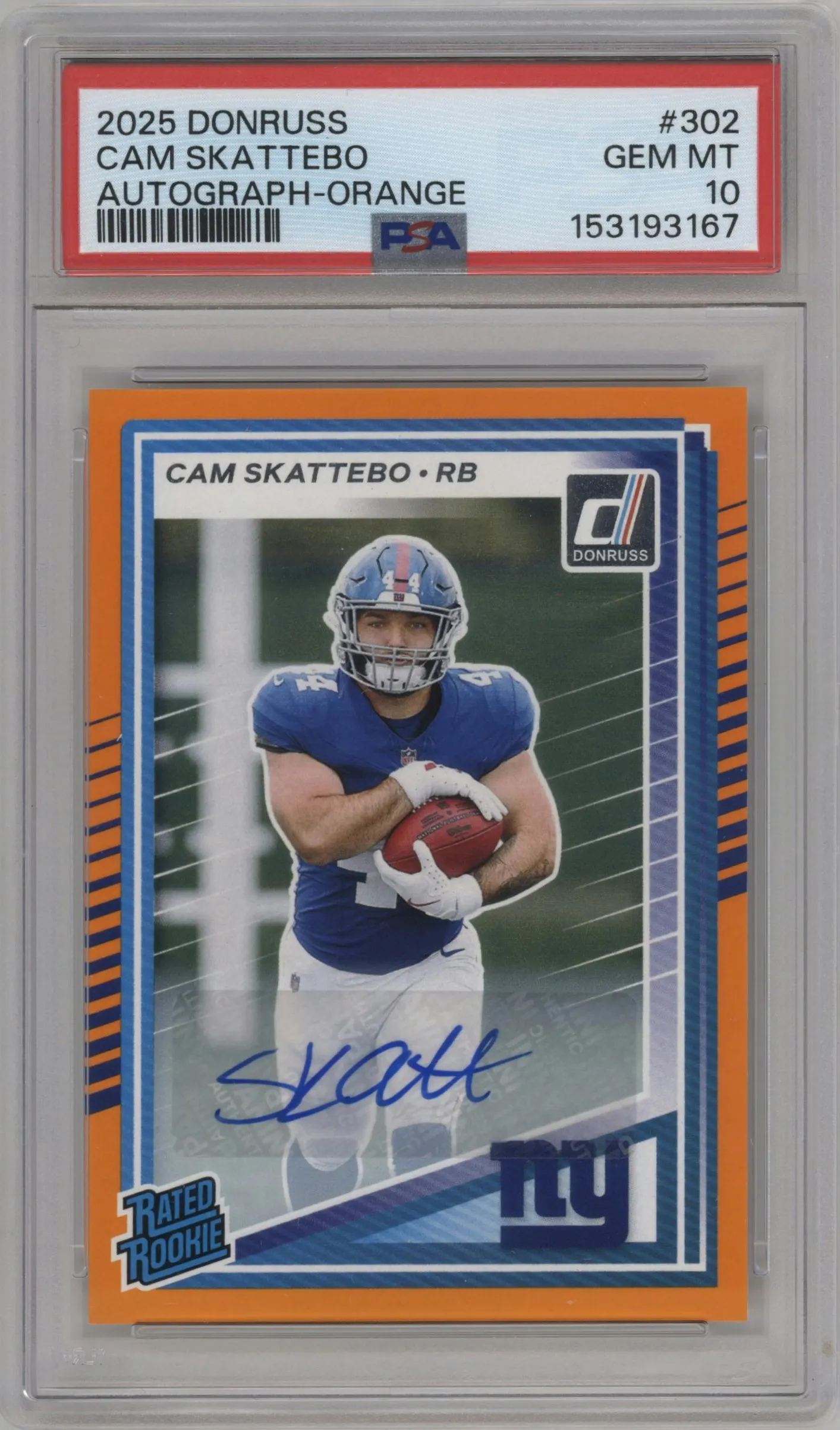 2025 Panini Donruss Rtd.Rke.Auto Cam Skattebo Orange #302 PSA 10