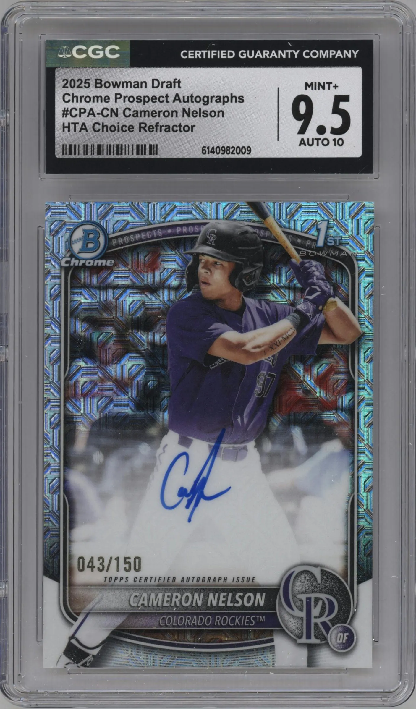2025 Bowman Draft Chr.Pros.Auto Cameron Nelson HTA Choice Mojo Refractor CGC 9.5