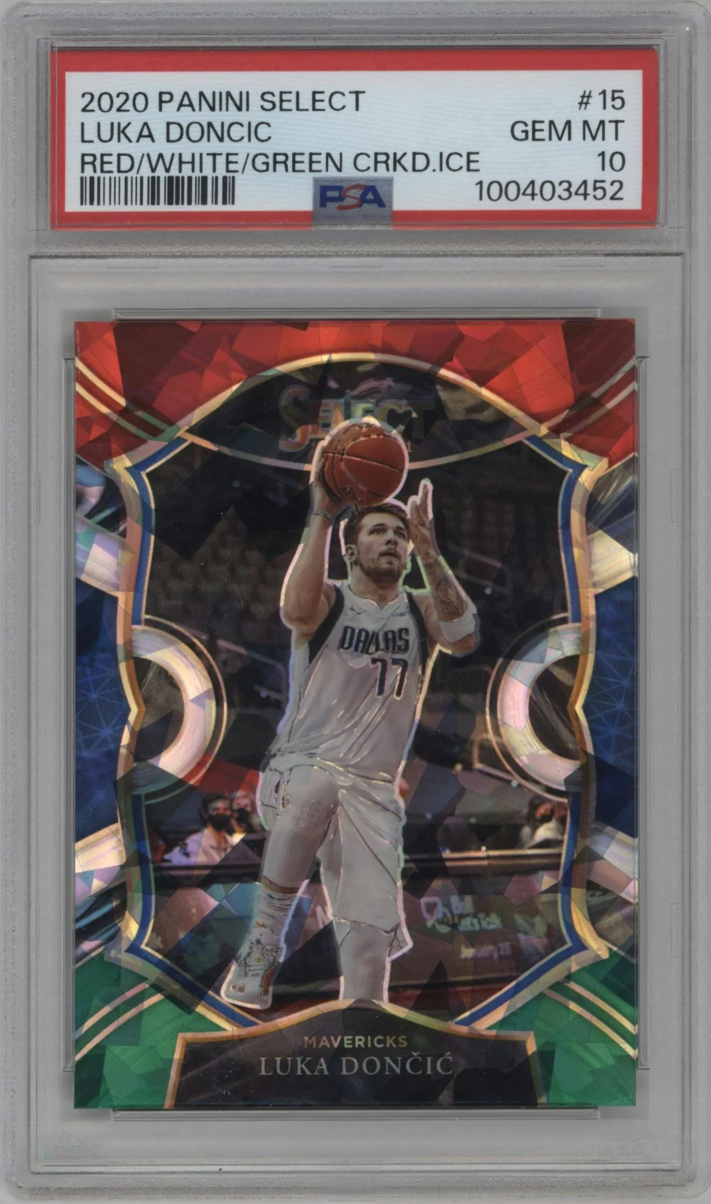 2020 Panini Select Luka Doncic Red/White/Green Cracked Ice PSA 10