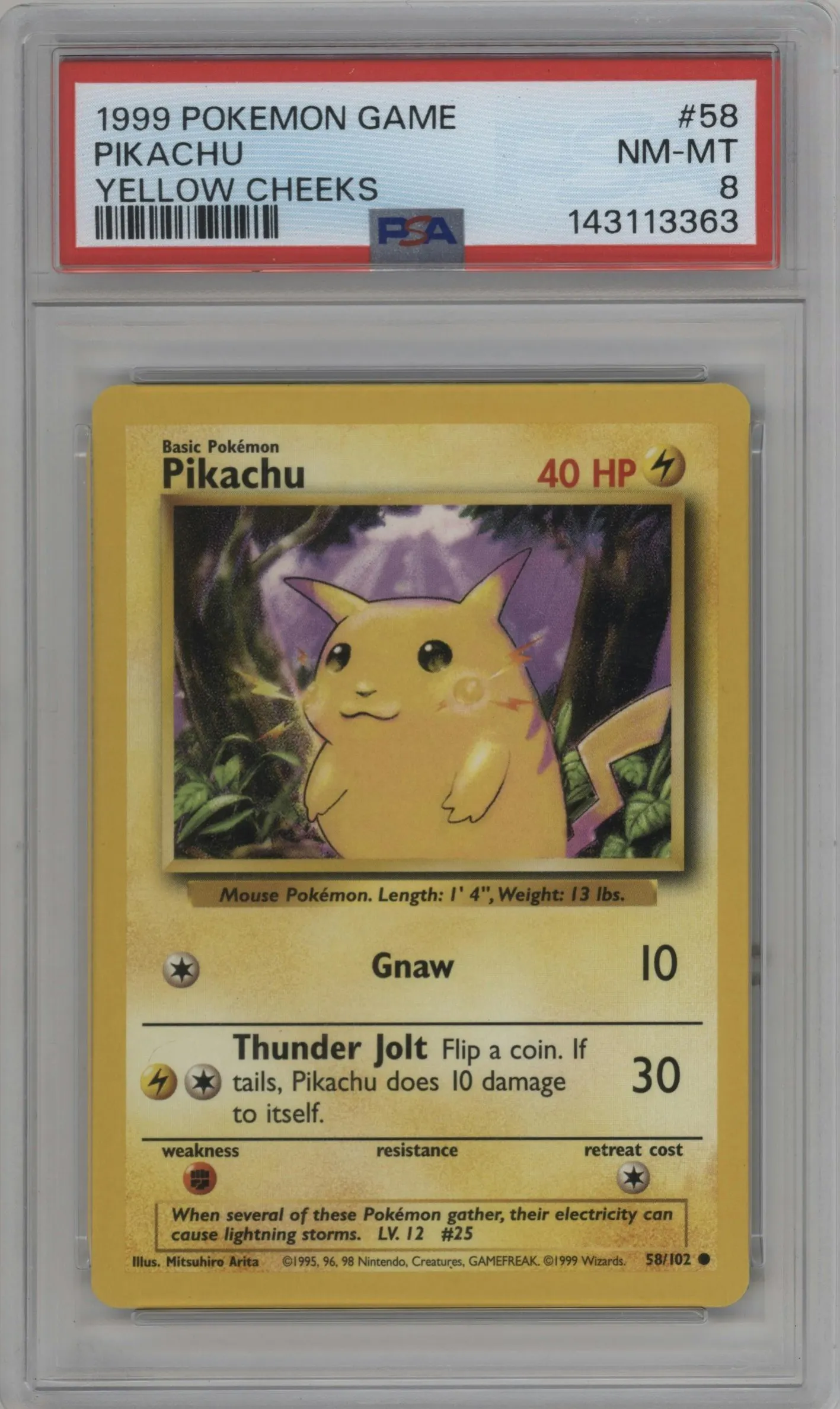 1999 Pokemon Base Set Pikachu Yellow Cheeks #58 PSA 8