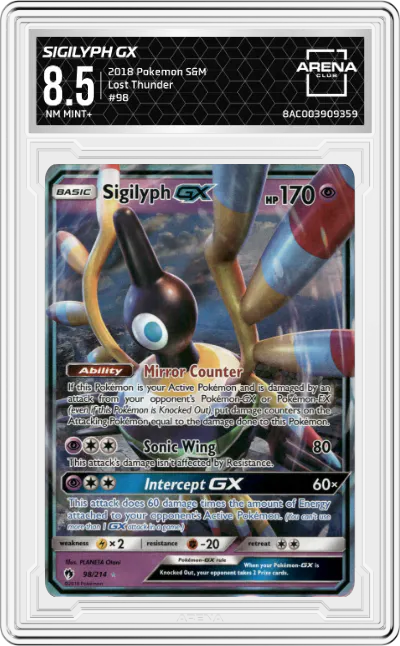 2018 Pokemon S&M Lost Thunder Sigilyph GX #98 ARENA CLUB 8.5