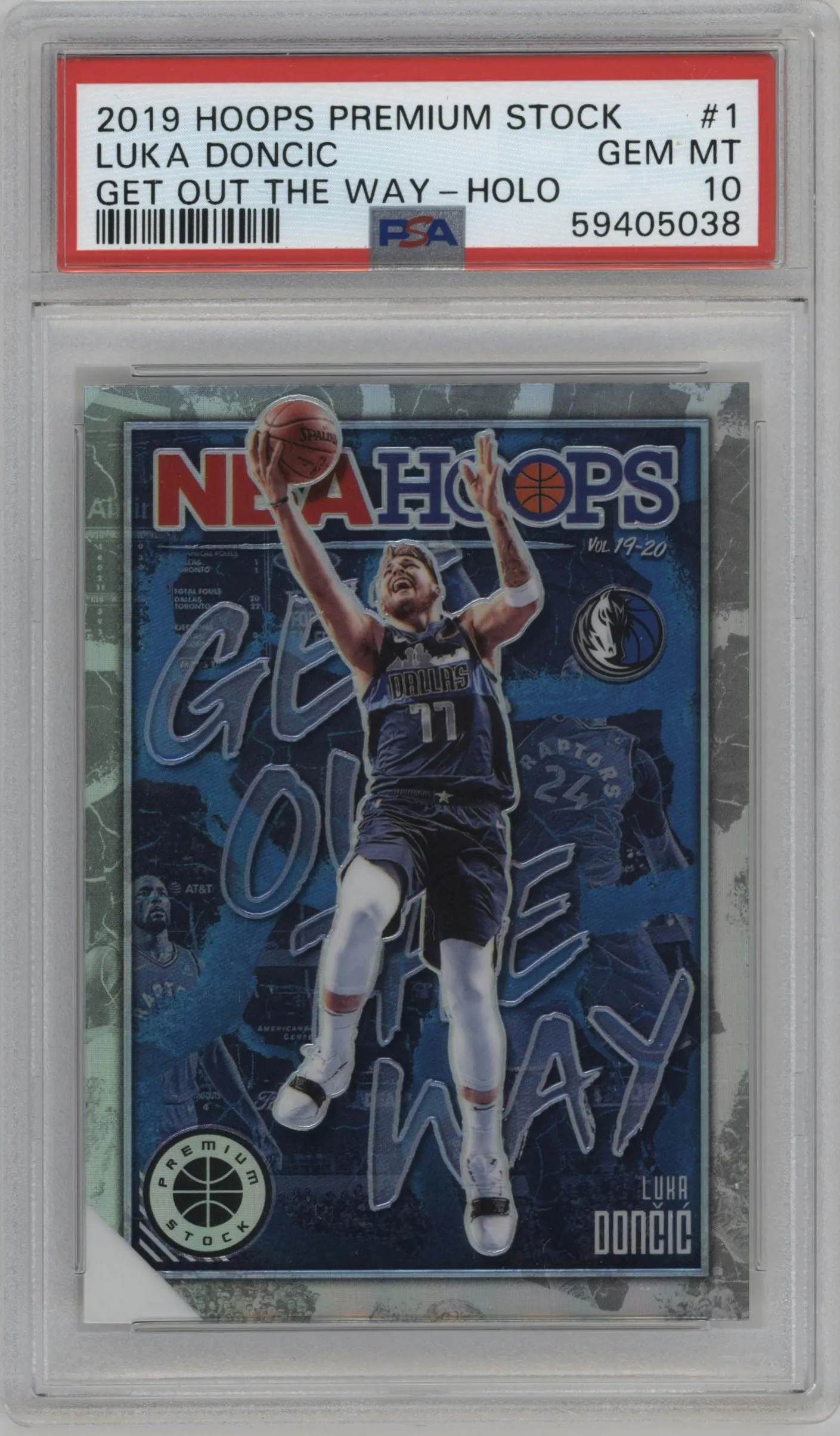 2019 Panini Hoops Premium Stock Get Out the Way Luka Doncic Holo #1 PSA 10