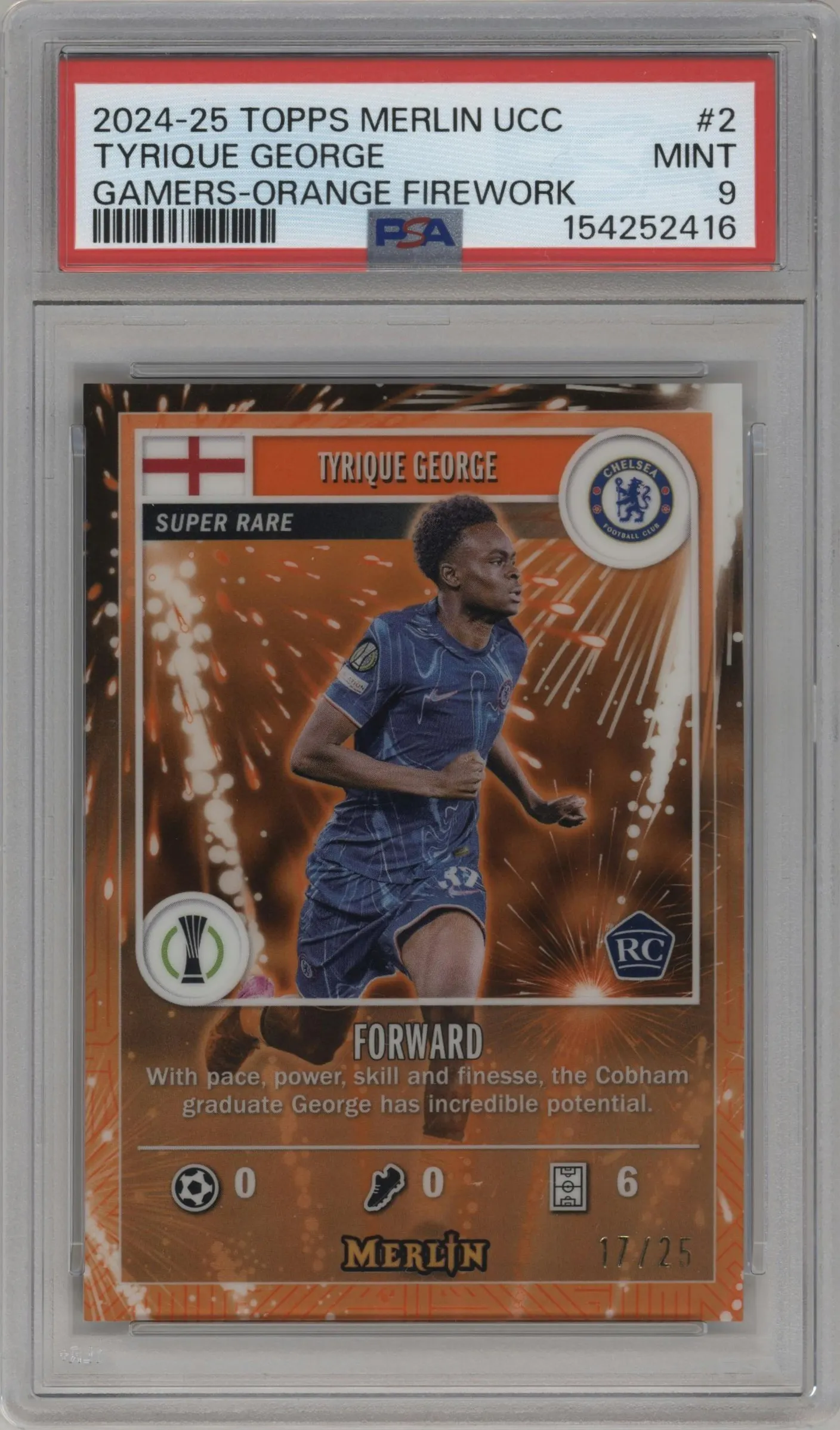2024 Topps Merlin UEFA Club Competitions Merlin's Gamers Tyrique George Orange Fireworks Refractor #MG-2 PSA 9