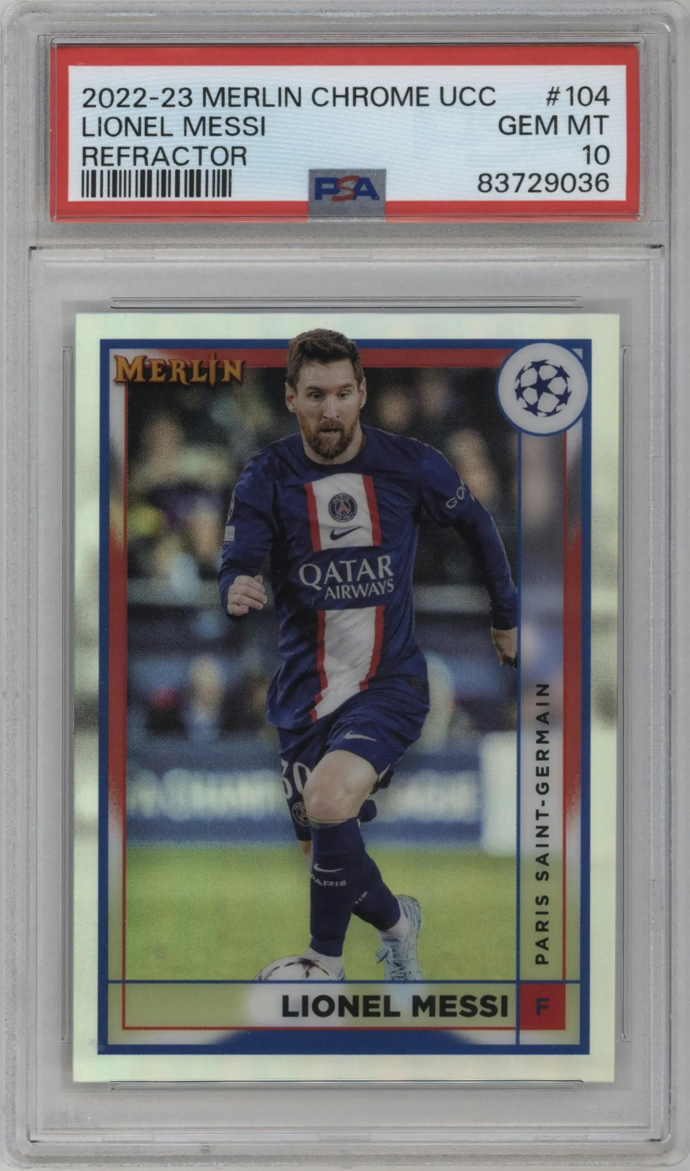 2022 Merlin UEFA Club Competitions Lionel Messi Refractor #104 PSA 10