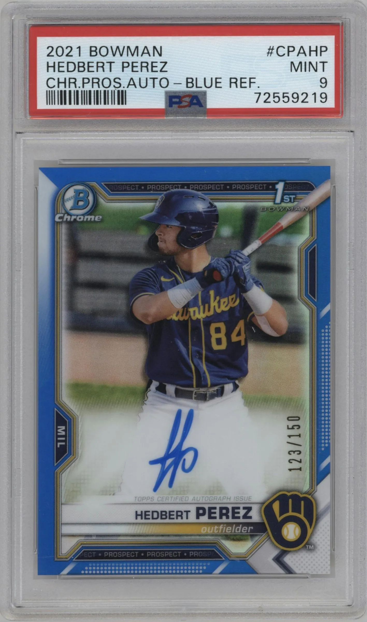 2021 Bowman Chr.Pros.Auto Hedbert Perez Blue Refractor PSA 9