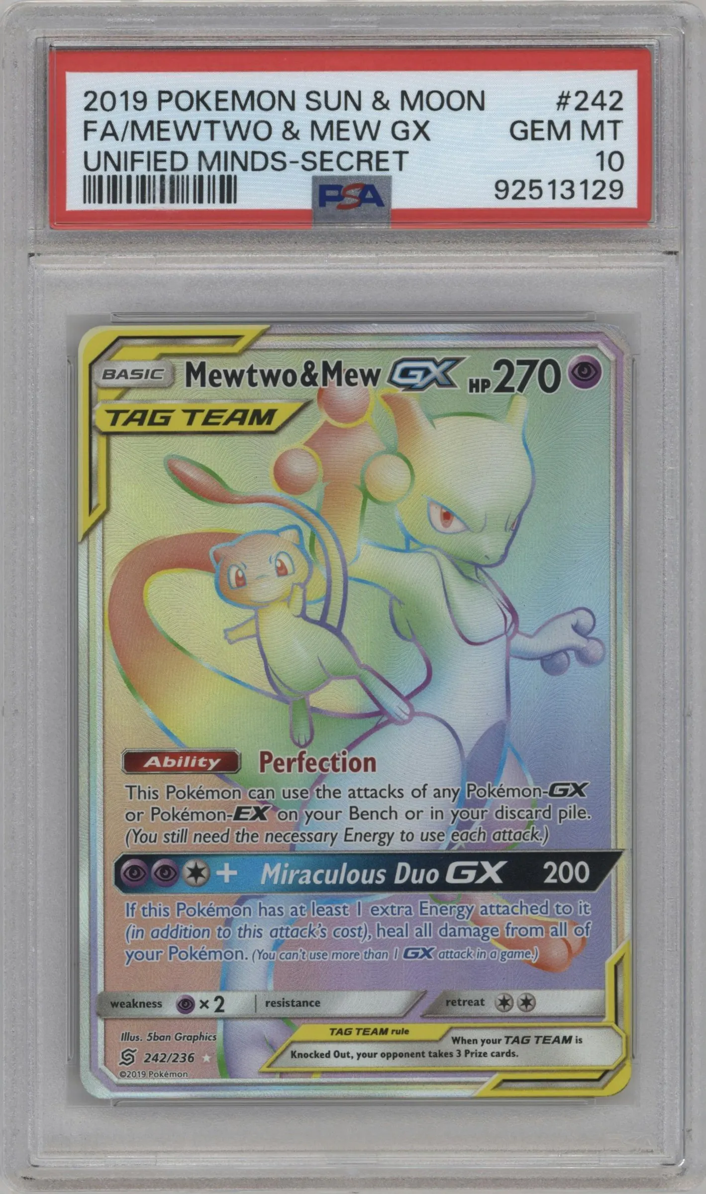 2019 Pokemon S&M Unified Minds Mewtwo & Mew GX #242 PSA 10