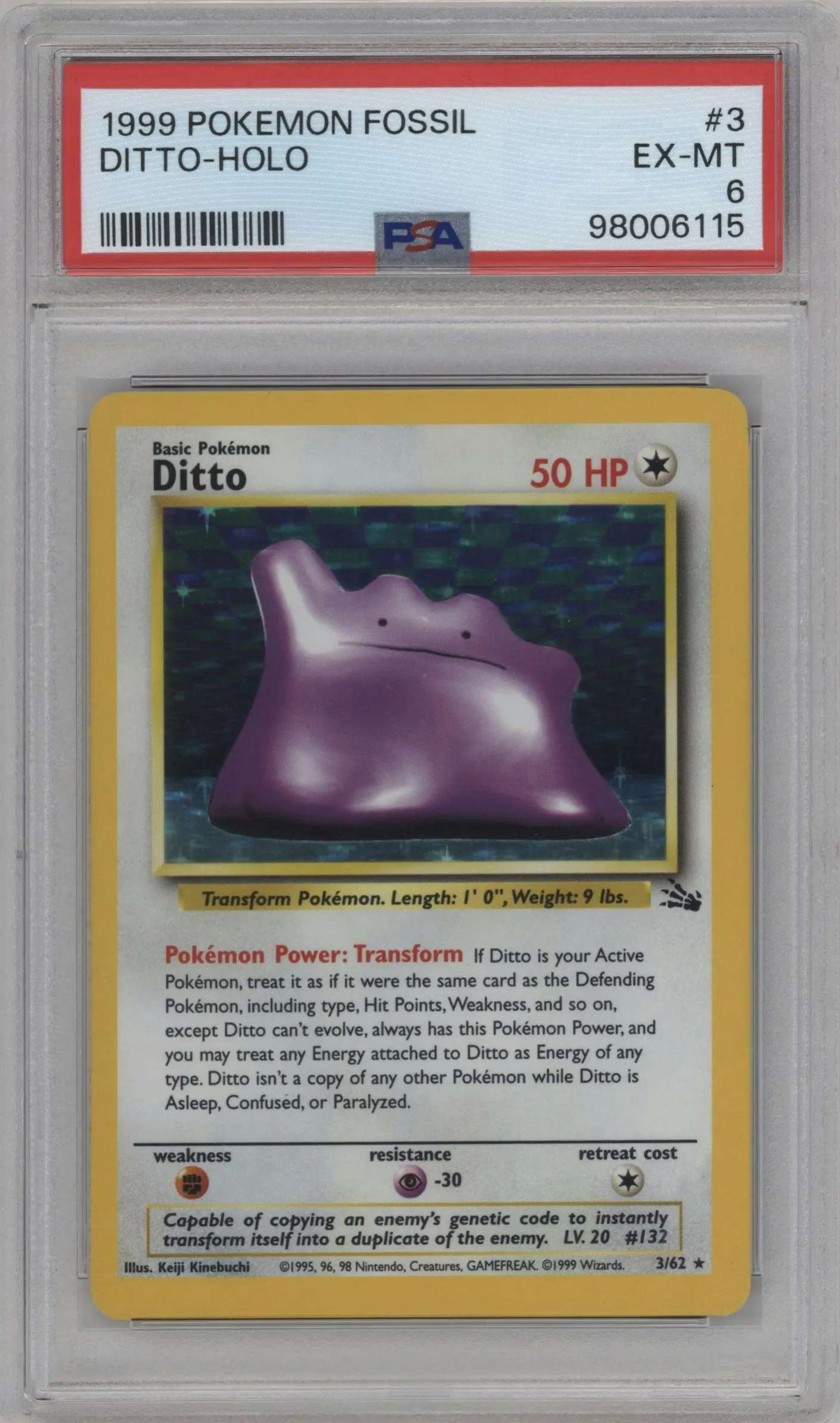 1999 Pokemon Fossil Ditto #3 PSA 6