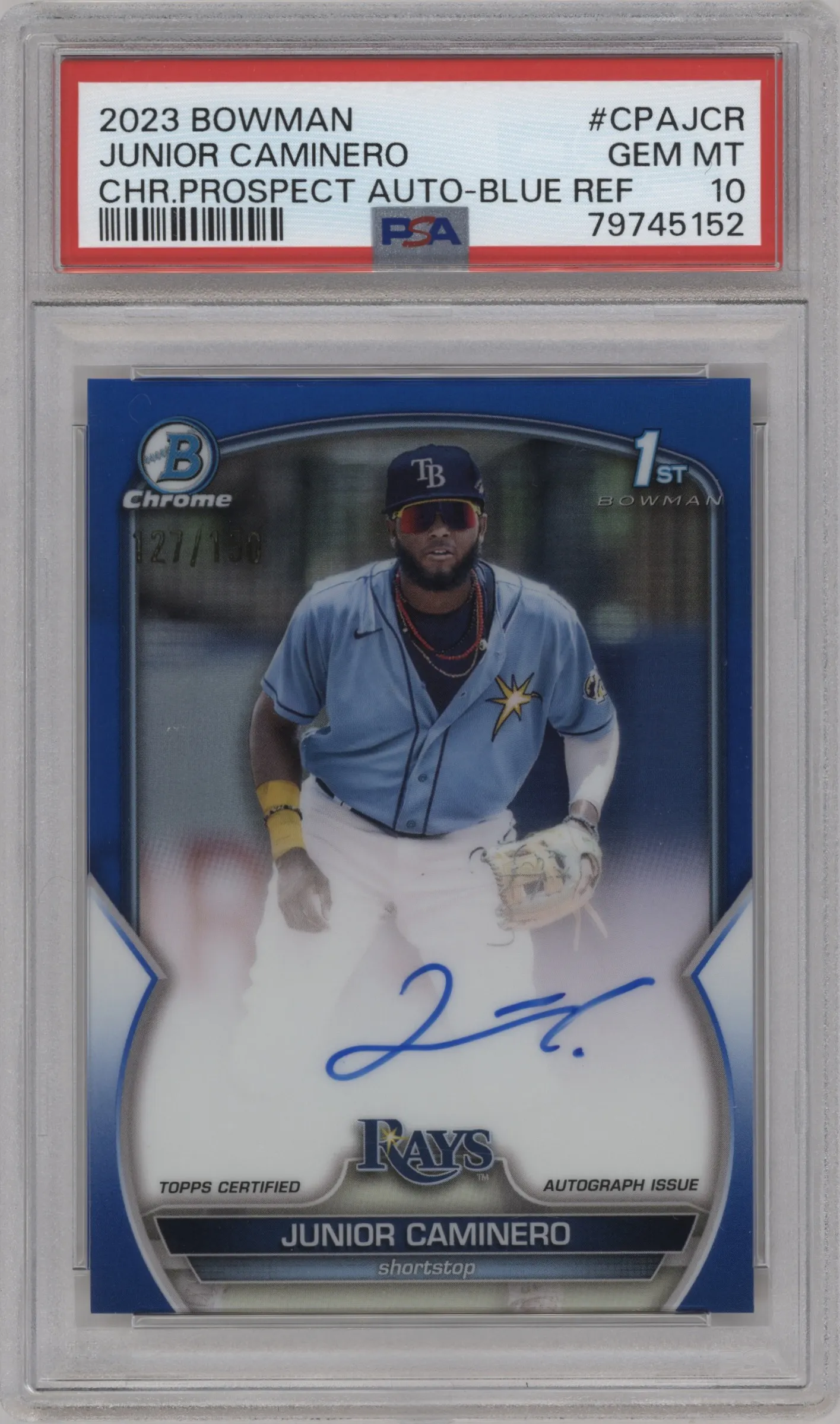 2023 Bowman Chr.Pros.Auto Junior Caminero Blue Refractor #CPA-JCR PSA 10