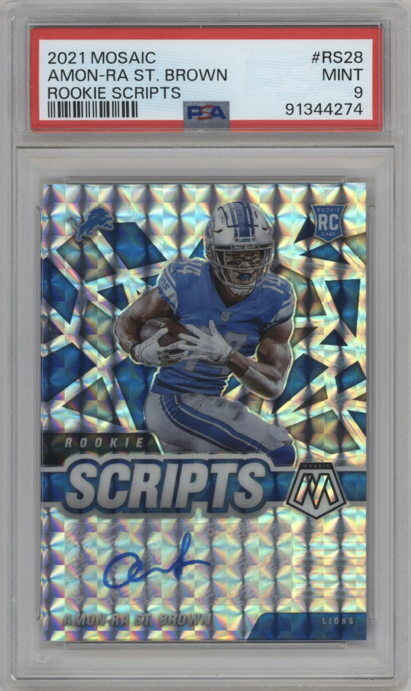 2021 Panini Mosaic Rke.Scripts Amon-Ra St. Brown PSA 9