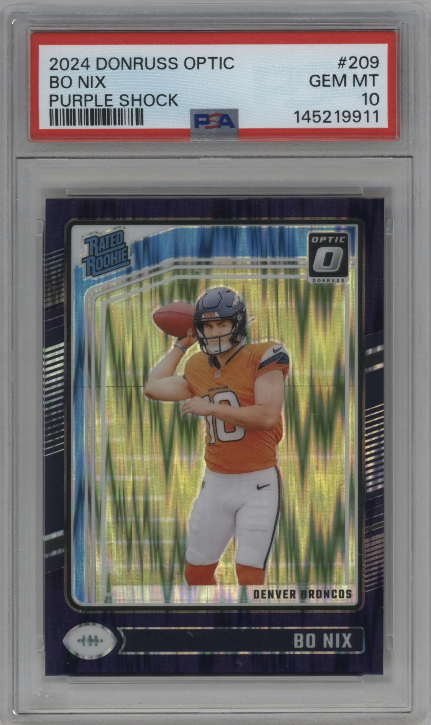 2024 Donruss Optic Rated Rookie Bo Nix Purple Shock #209 PSA 10