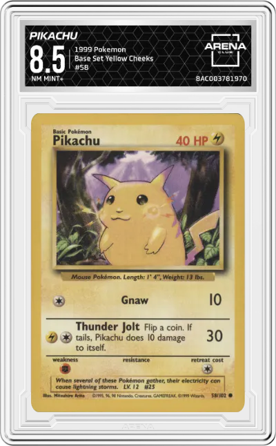 1999 Pokemon Base Set Pikachu Yellow Cheeks #58 ARENA CLUB 8.5