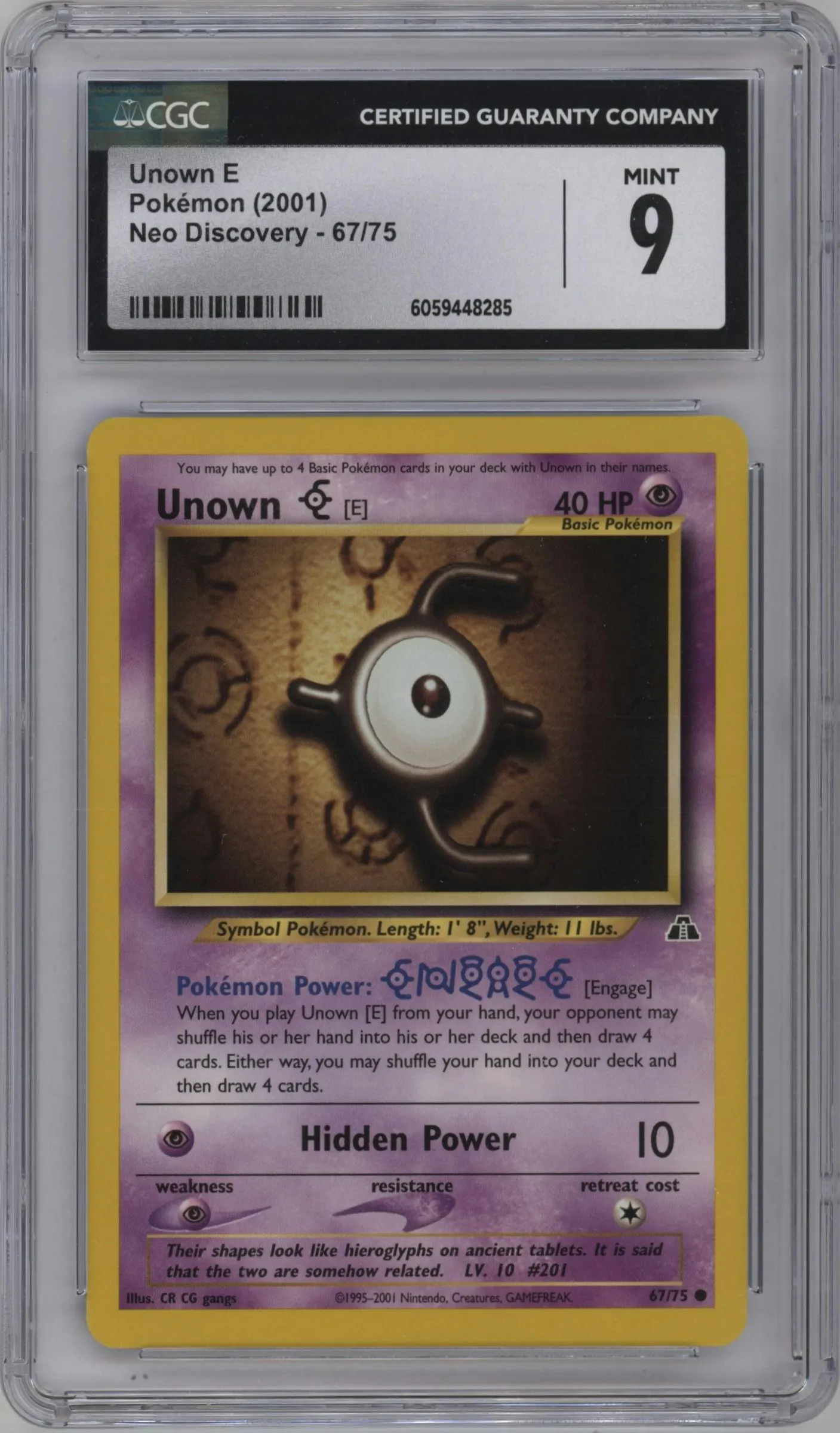 2001 Pokemon Neo Genesis Neo Discovery Unown E #67 CGC 9