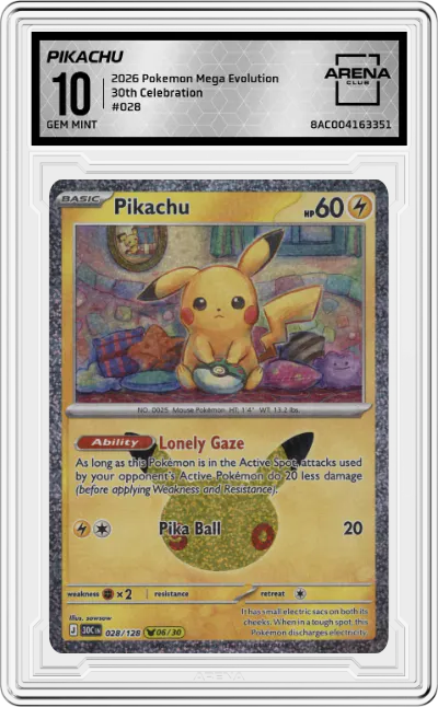 2026 Pokemon Mega Evolution 30th Celebration Pikachu #028 ARENA CLUB 10