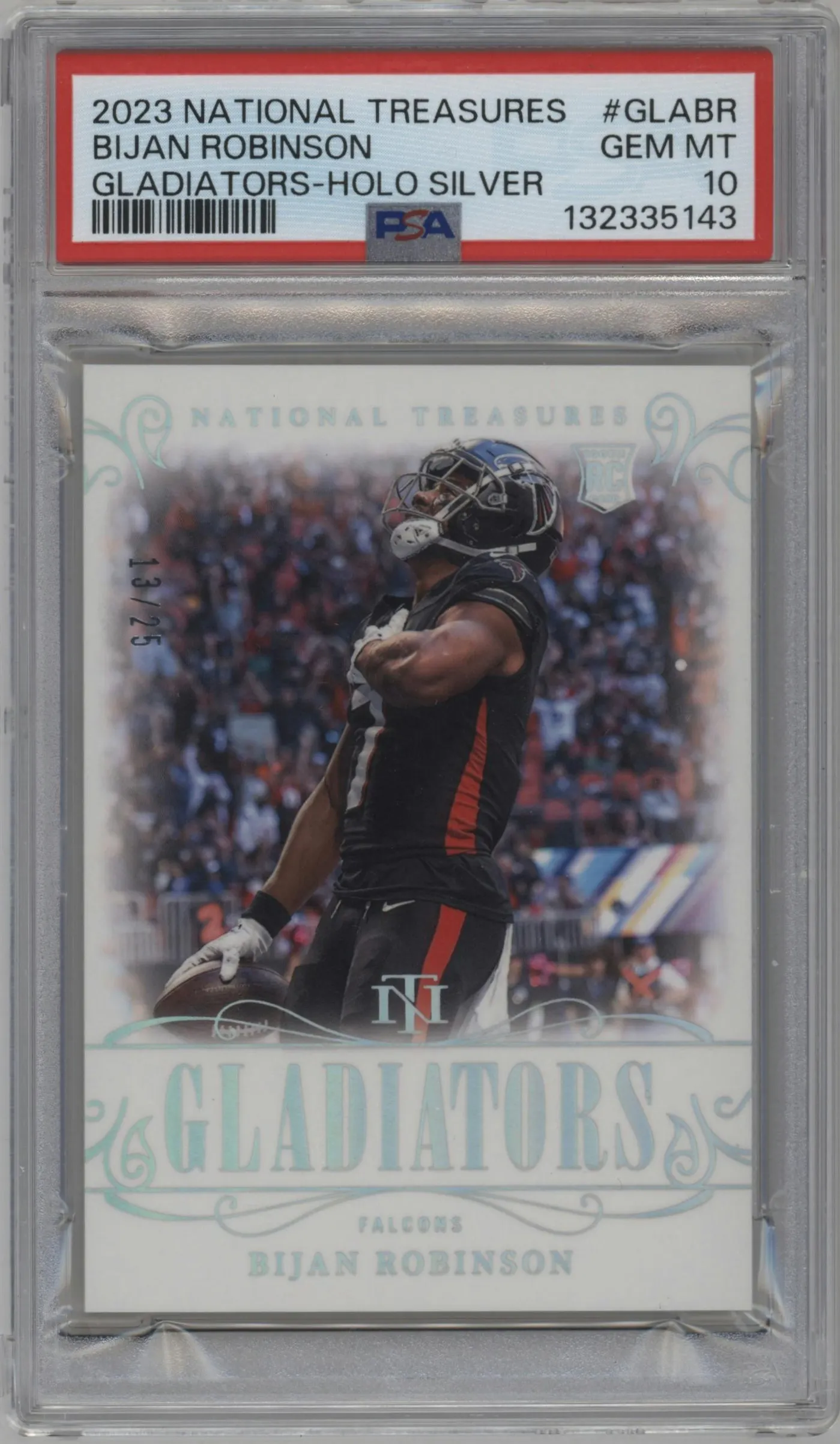 2023 Panini National Treasures Gladiators Bijan Robinson Holo Silver #GLA-BR PSA 10