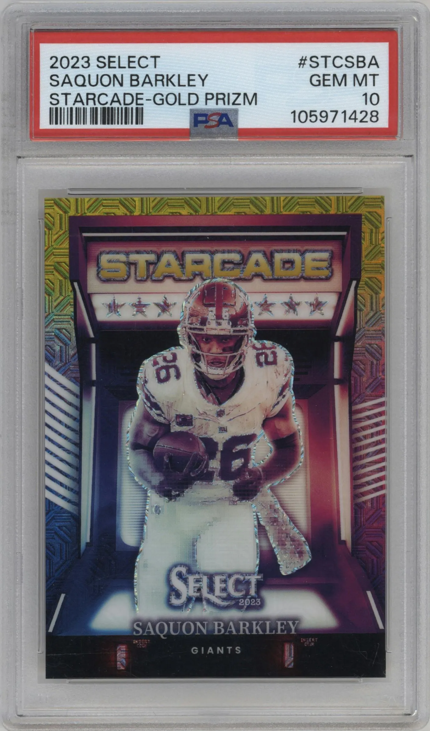 2023 Panini Select Starcade Saquon Barkley Gold Prizm #STC-SBA PSA 10