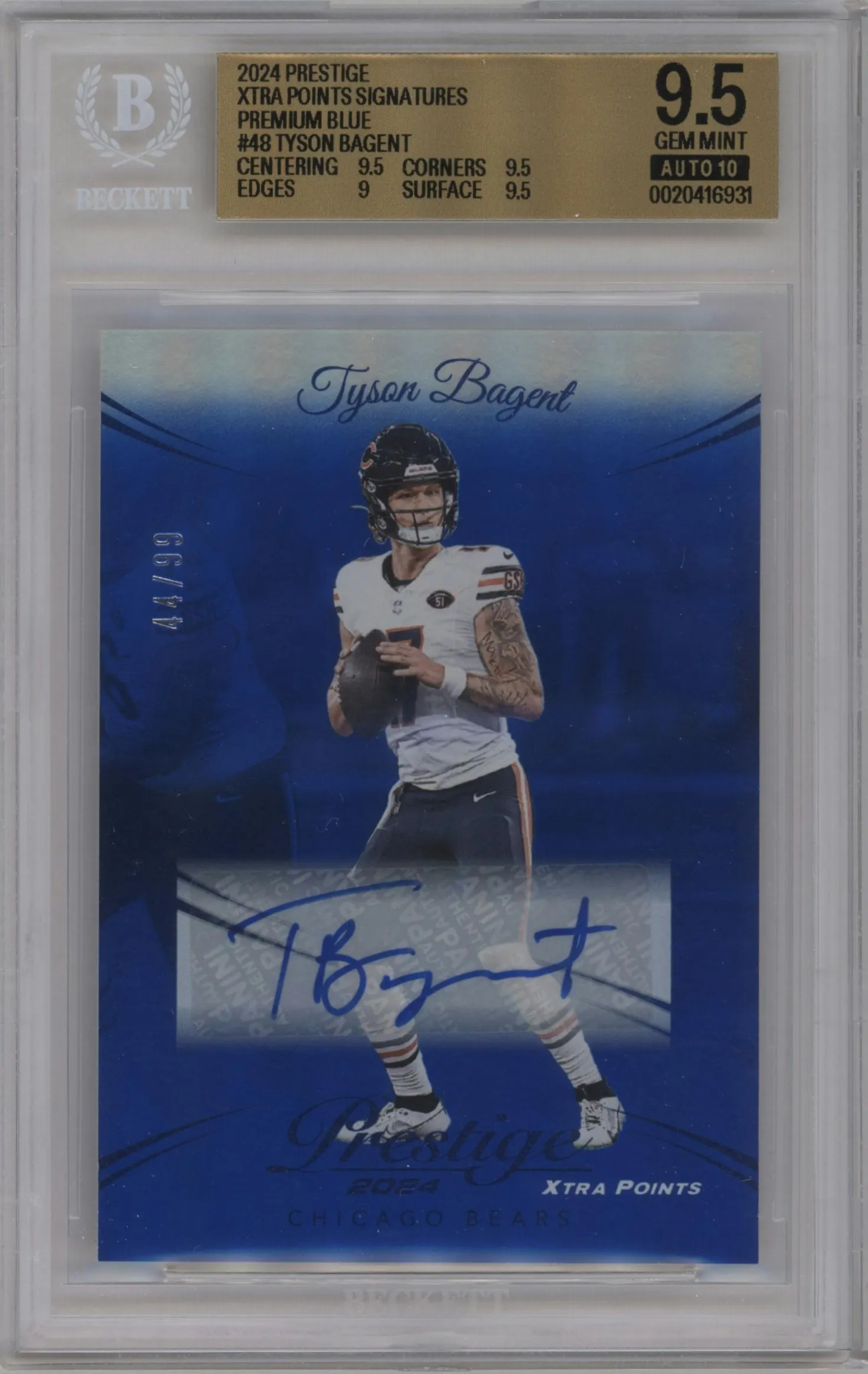 2024 Panini Prestige Xtra Points Sig.Prem. Tyson Bagent Blue #48 BGS 9.5
