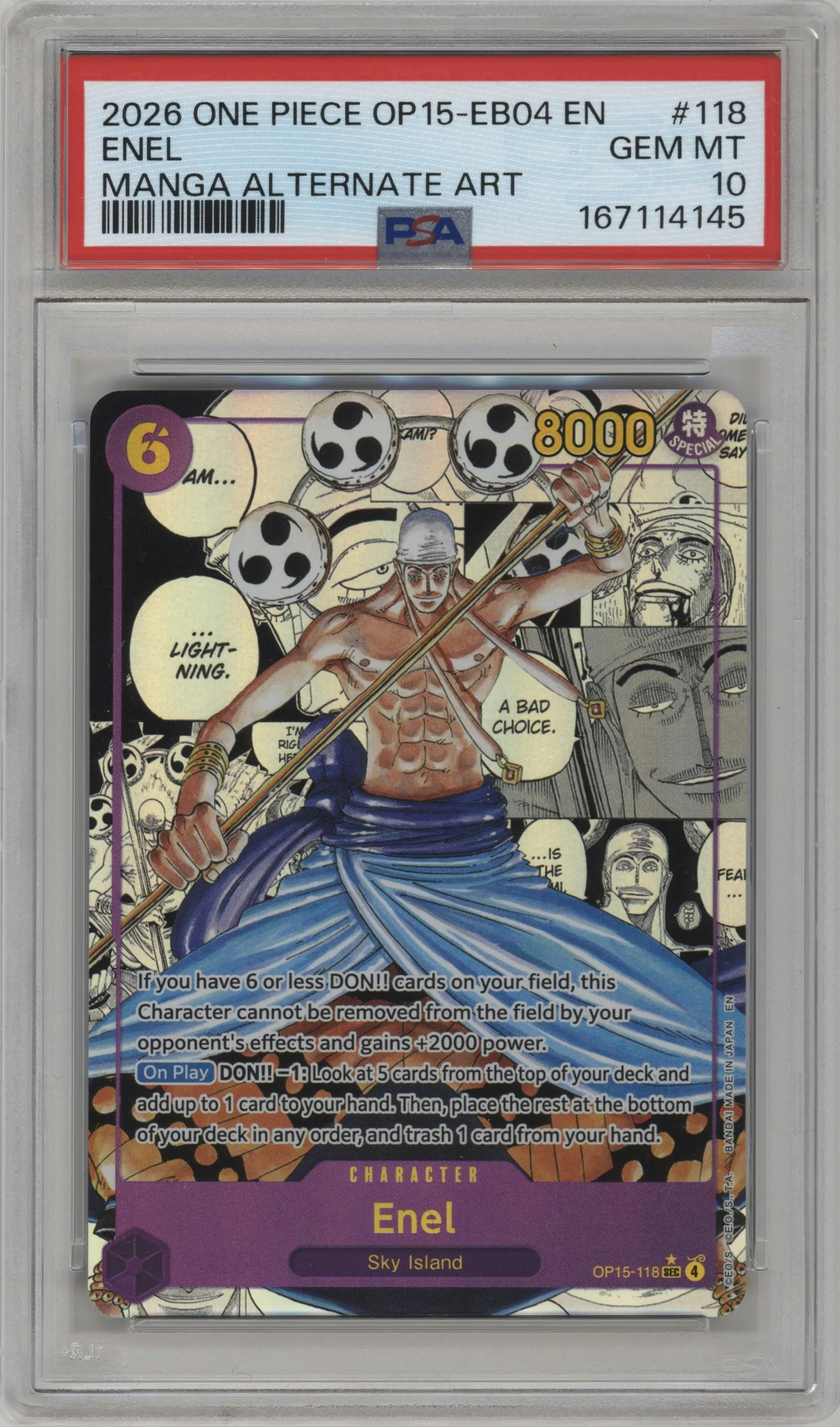 2026 One Piece Adventure/KAMI’s Island Enel Manga Alternate Art SEC #OP15-118 SEC PSA 10