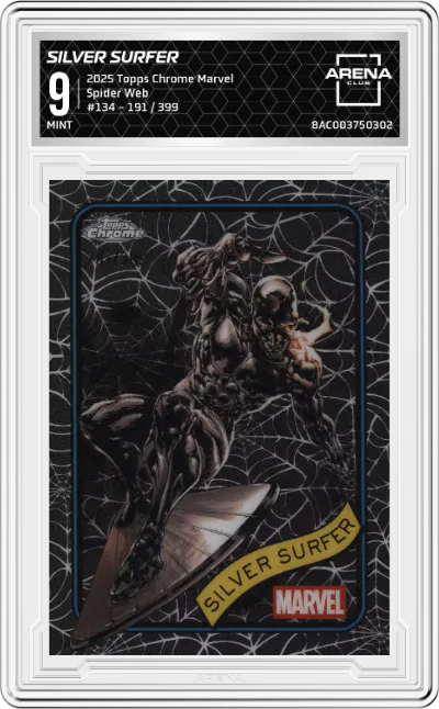 2025 Topps Chrome Marvel Silver Surfer Spider Web ARENA CLUB 9