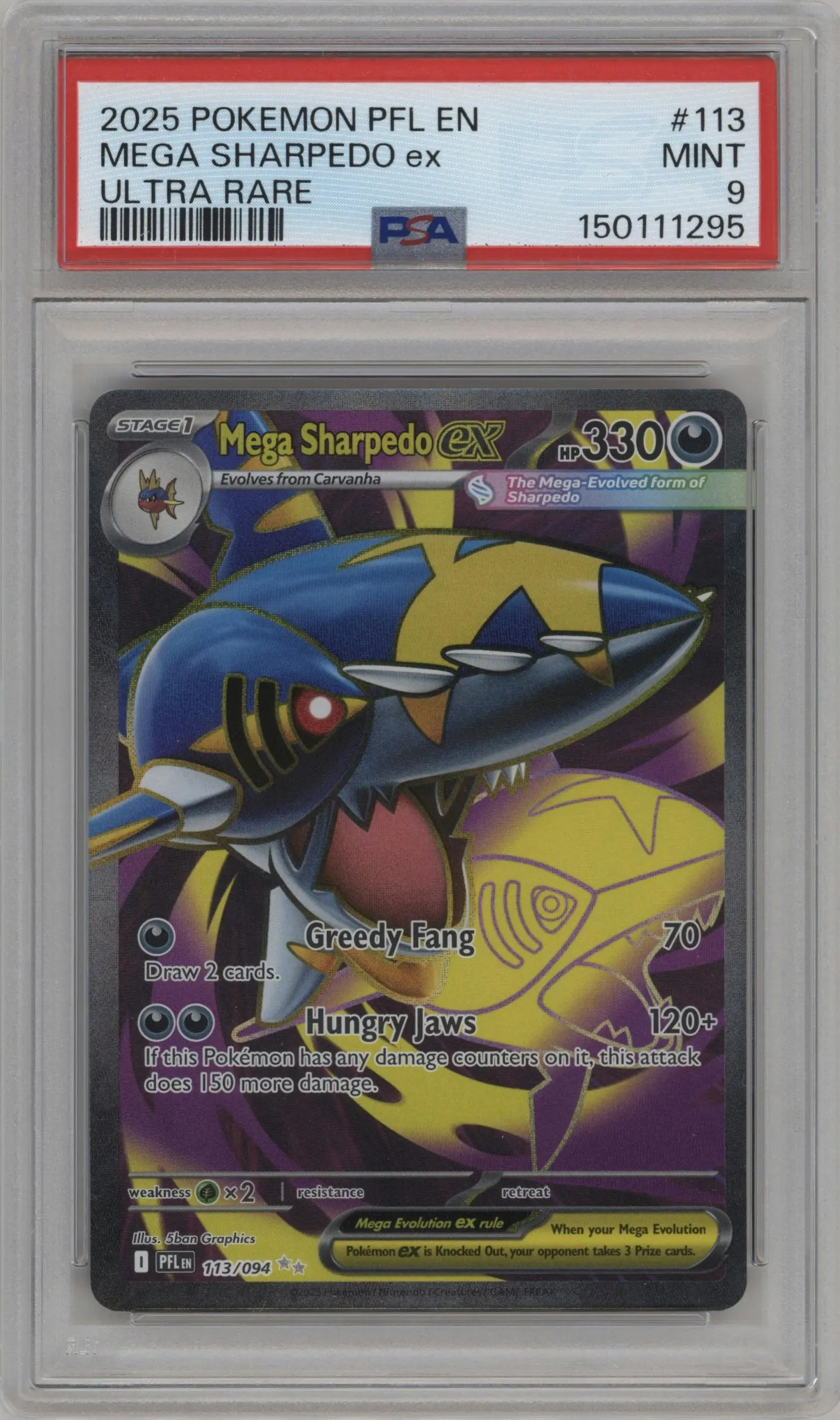 2025 Pokemon Mega Evolution Phan. Flames Mega Sharpedo ex #113 PSA 9