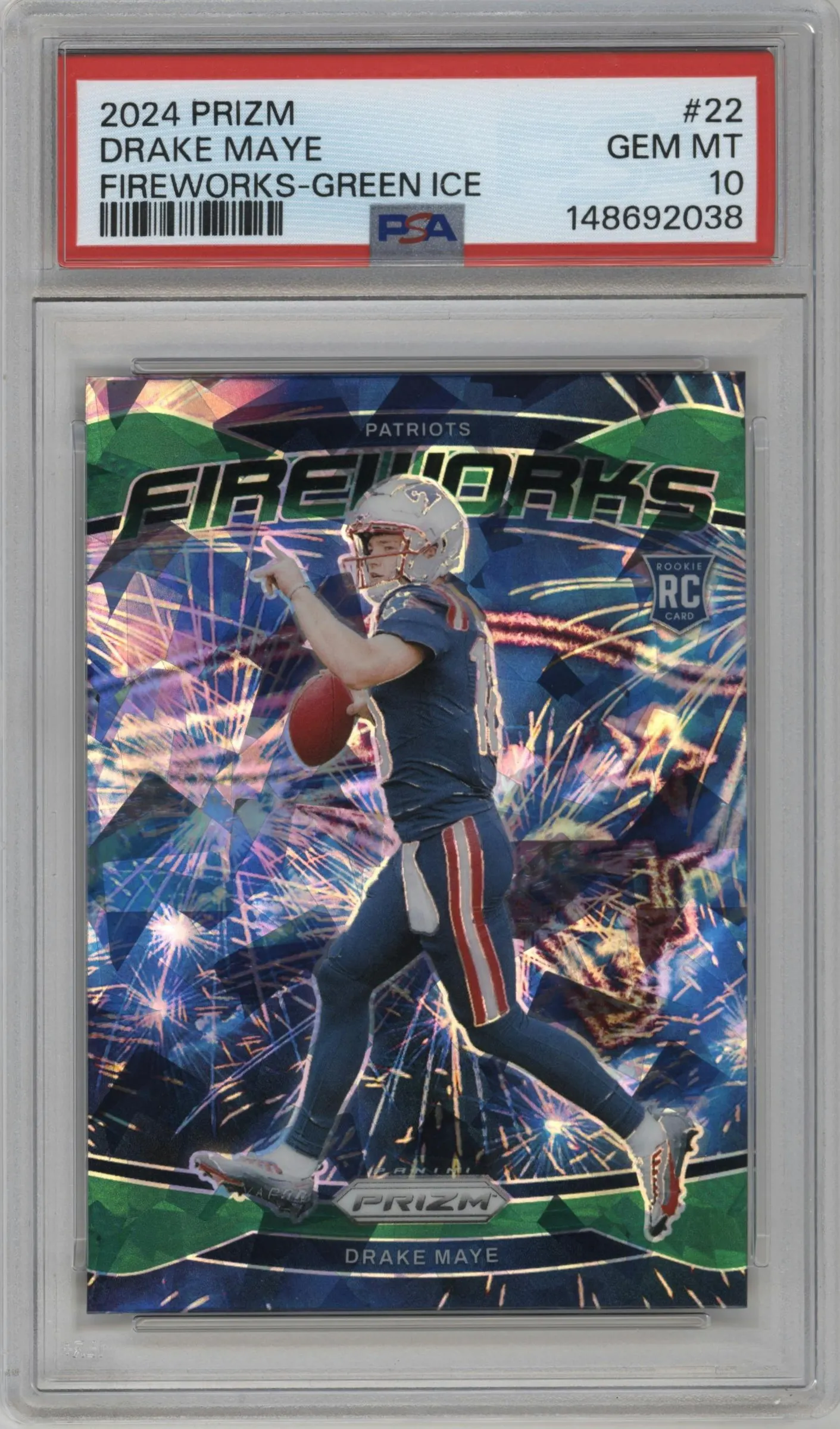 2024 Panini Prizm Fireworks Drake Maye Green Ice #22 PSA 10