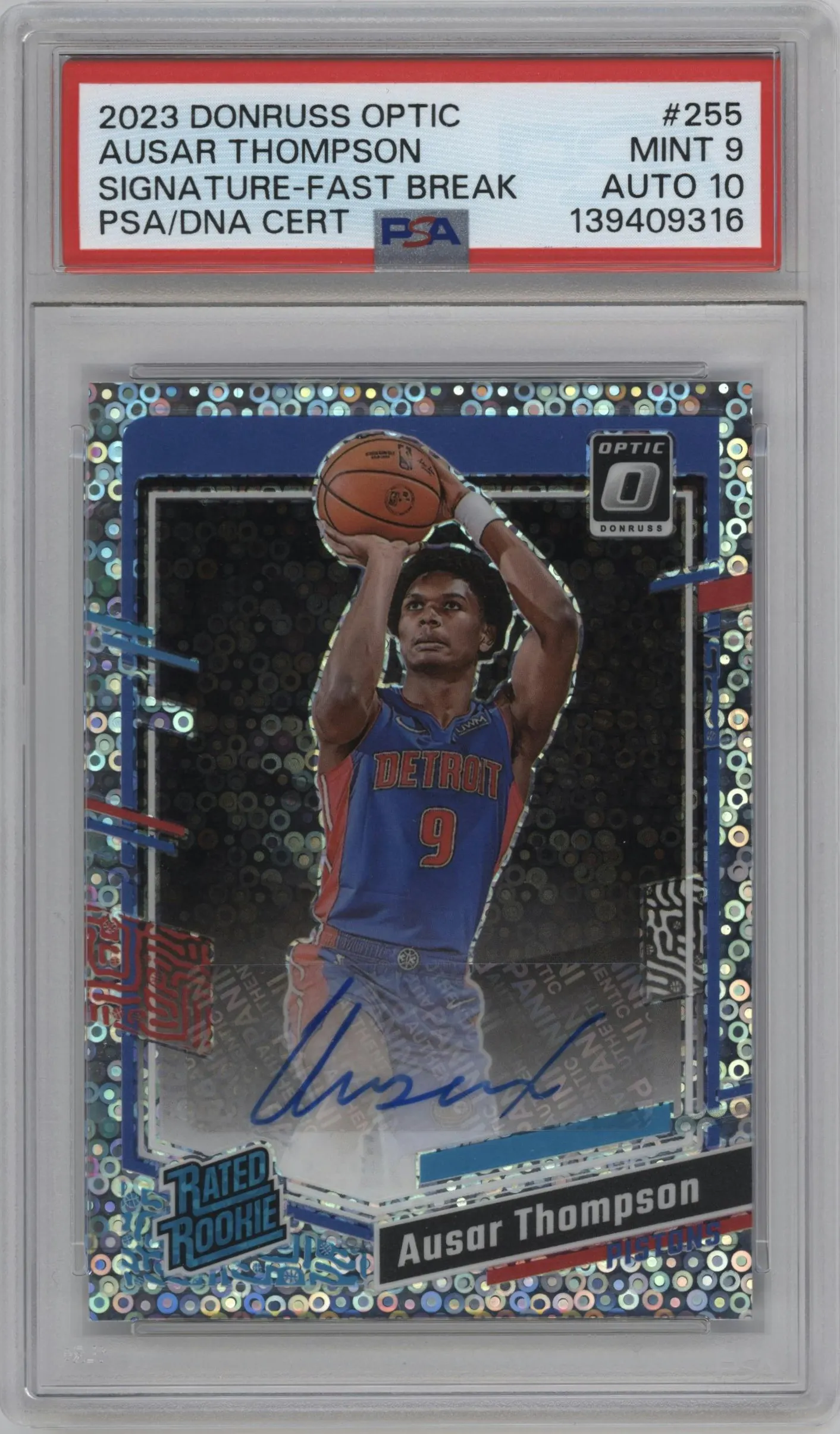 2023 Donruss Optic Rtd.Rke.Sig. Ausar Thompson Fast Break Holo #255 PSA 9