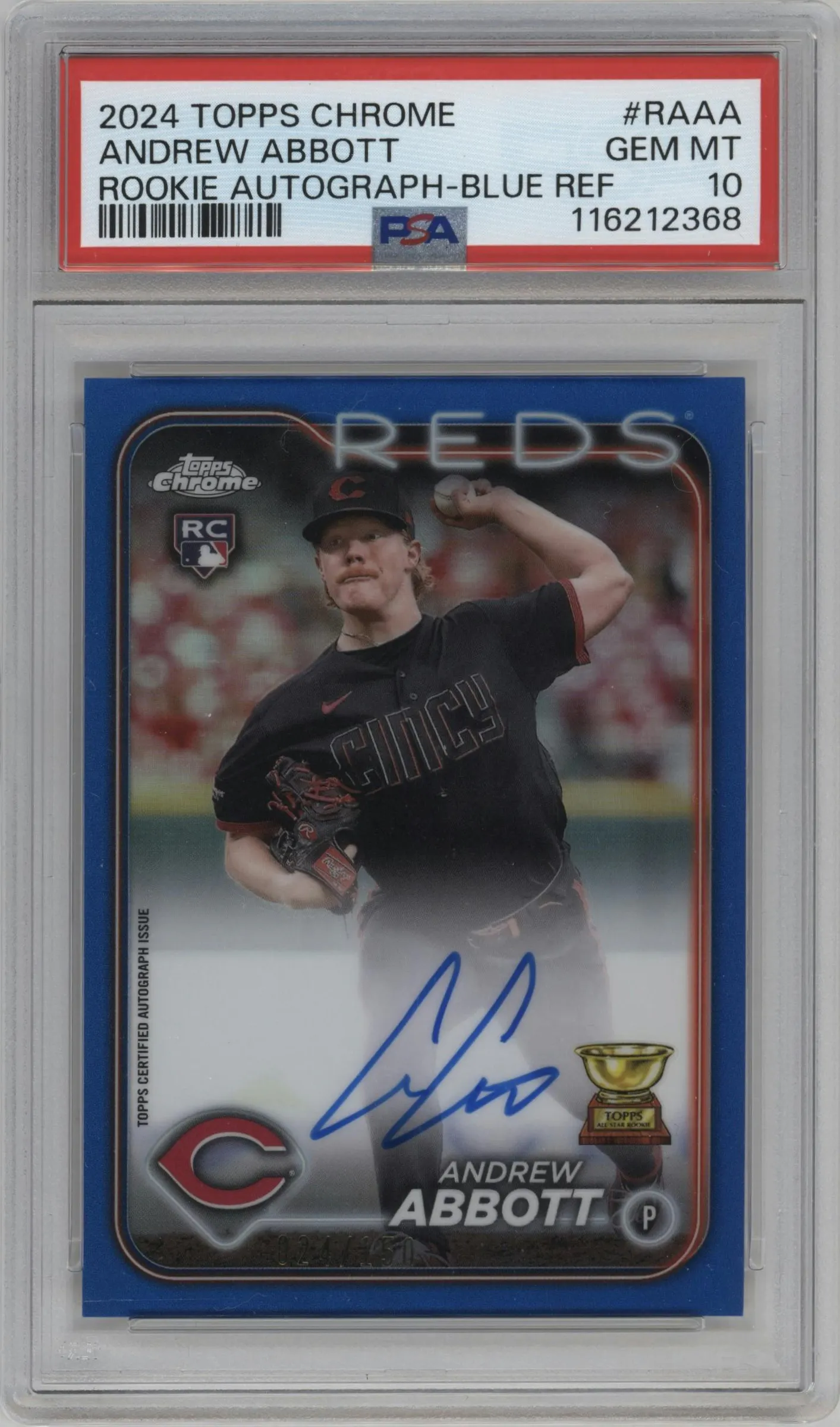 2024 Topps Chrome Rke.Auto Andrew Abbott Blue Refractor #RA-AA PSA 10