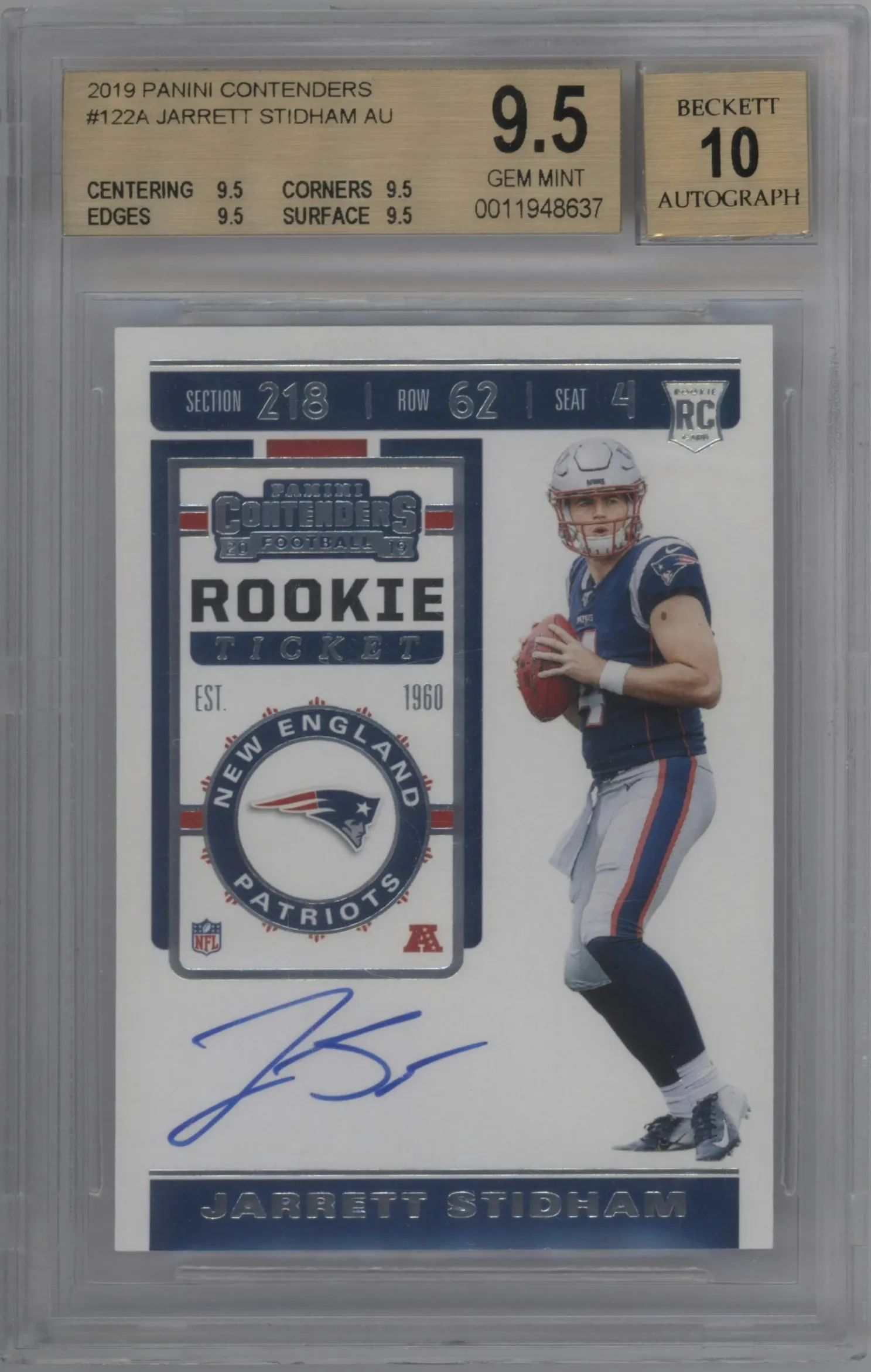 2019 Panini Contenders Rke.Tkt.RPS Jarrett Stidham #122 BGS 9.5