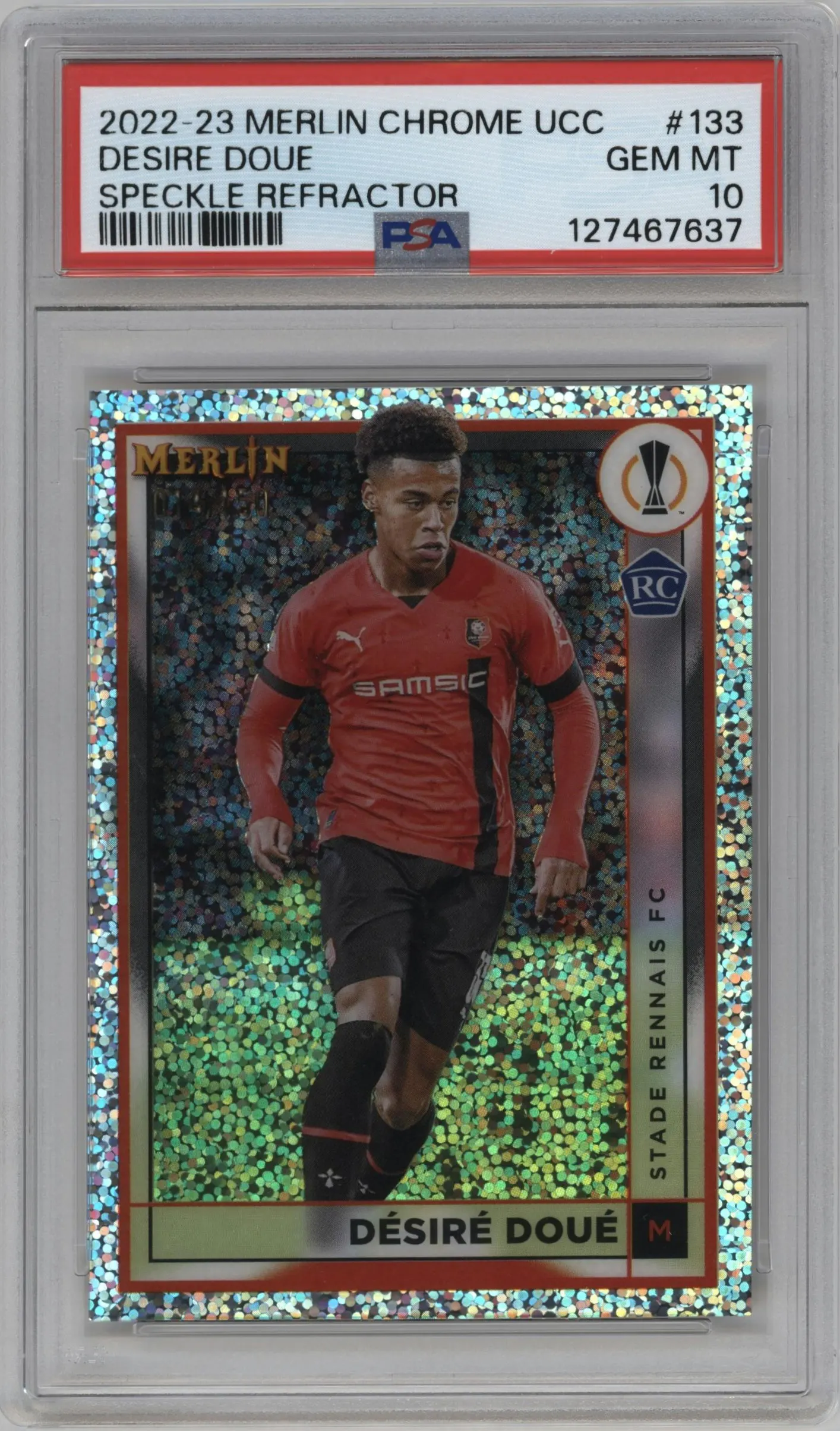 2022 Merlin UEFA Club Competitions Desire Doue Speckle Refractor PSA 10