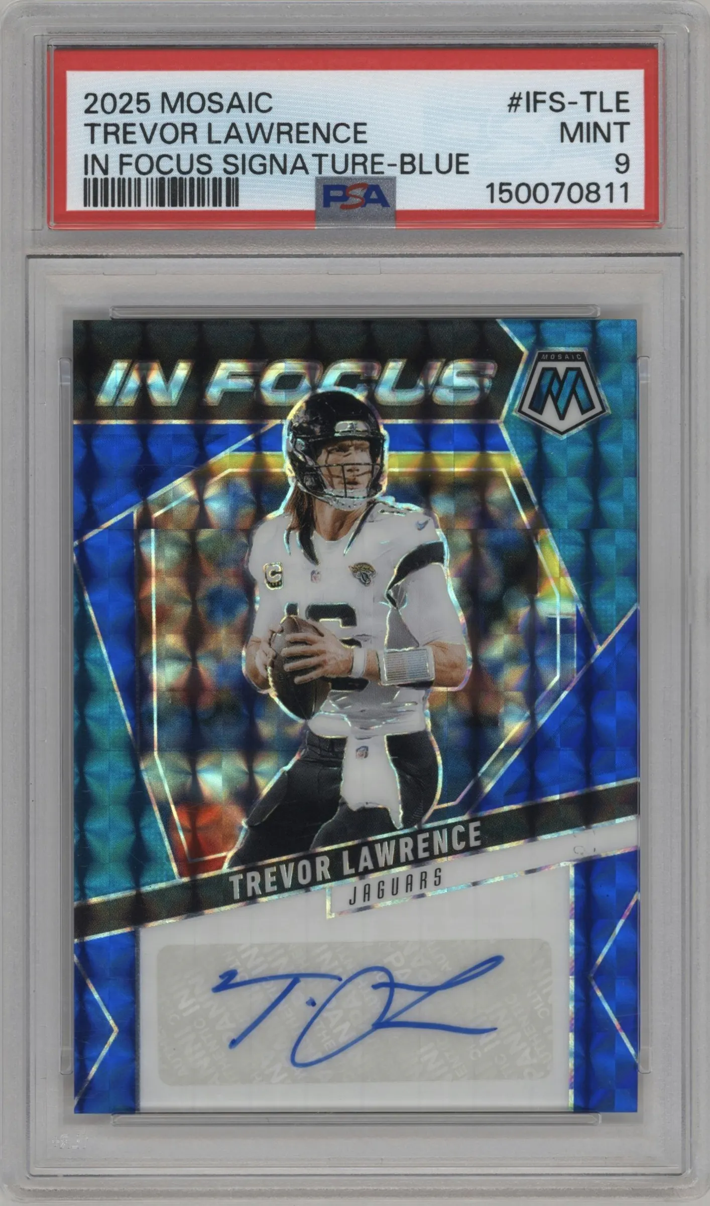 2025 Panini Mosaic In Focus Sig. Trevor Lawrence Blue #IFS-TLE PSA 9
