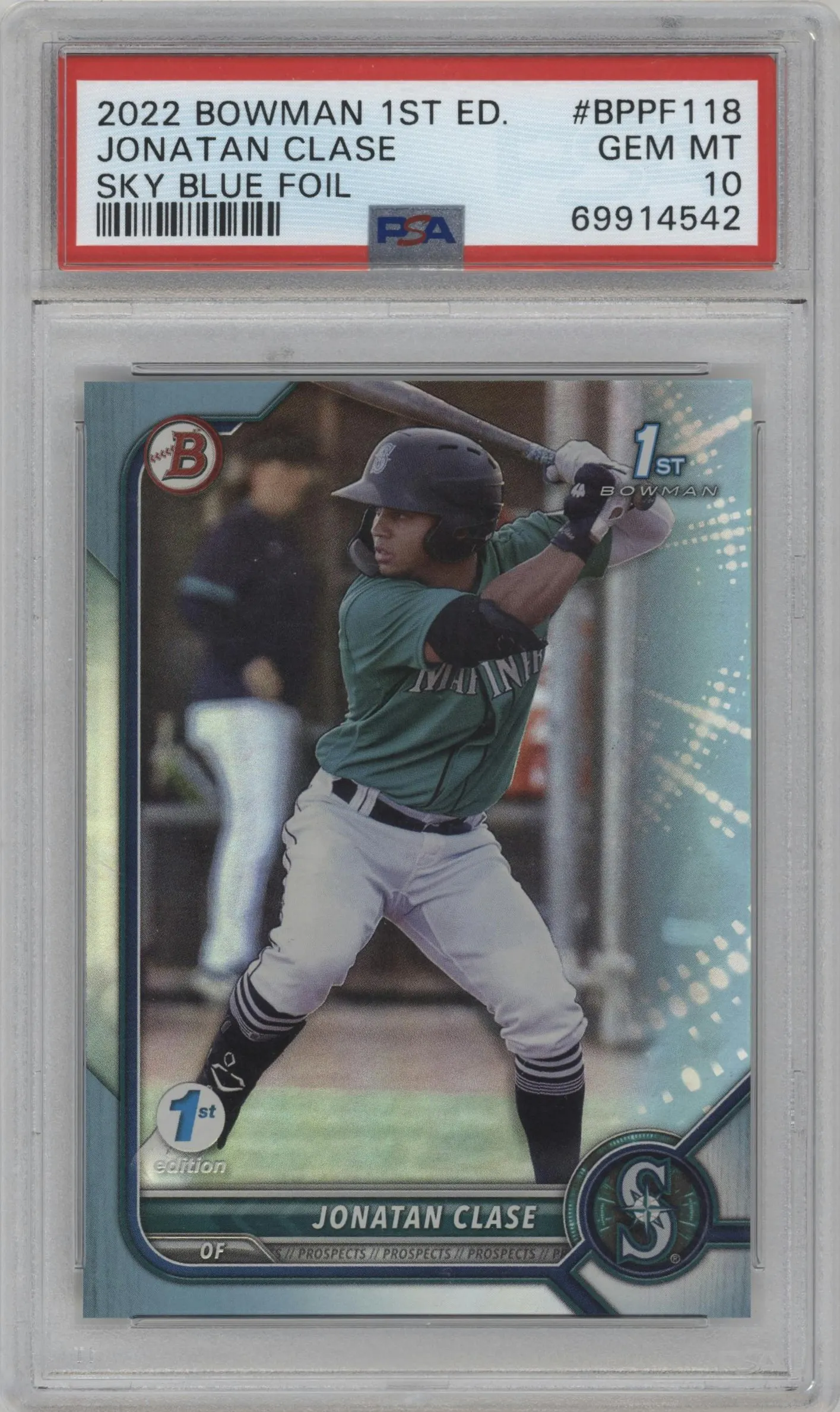 2022 Bowman 1st Edition Prospect Jonatan Clase Sky Blue Foil #BPPF-118 PSA 10