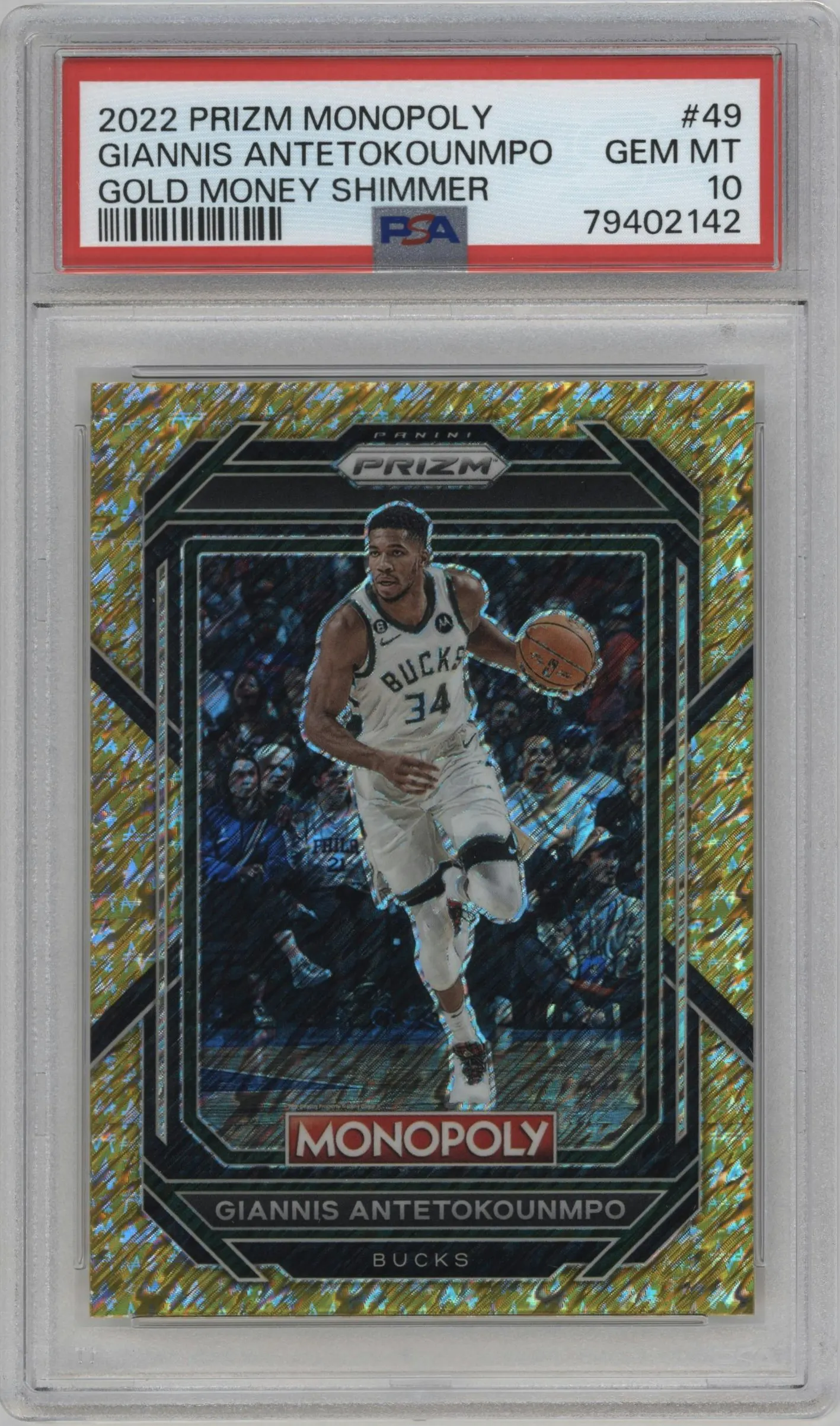 2022 Panini Prizm Monopoly Giannis Antetokounmpo Gold Money Shimmer #49 PSA 10