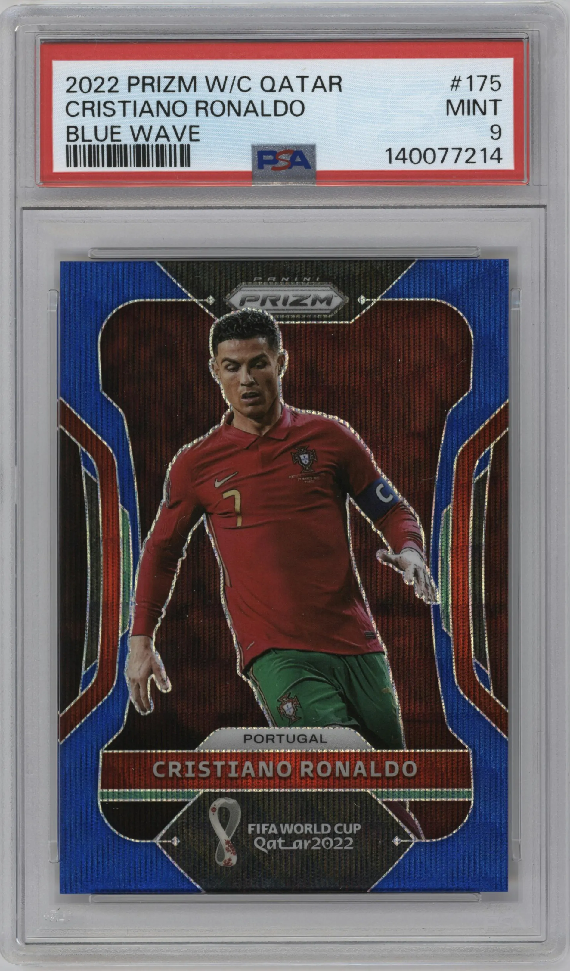 2022 Panini Prizm FIFA WC Qatar Cristiano Ronaldo Blue Wave #175 PSA 9