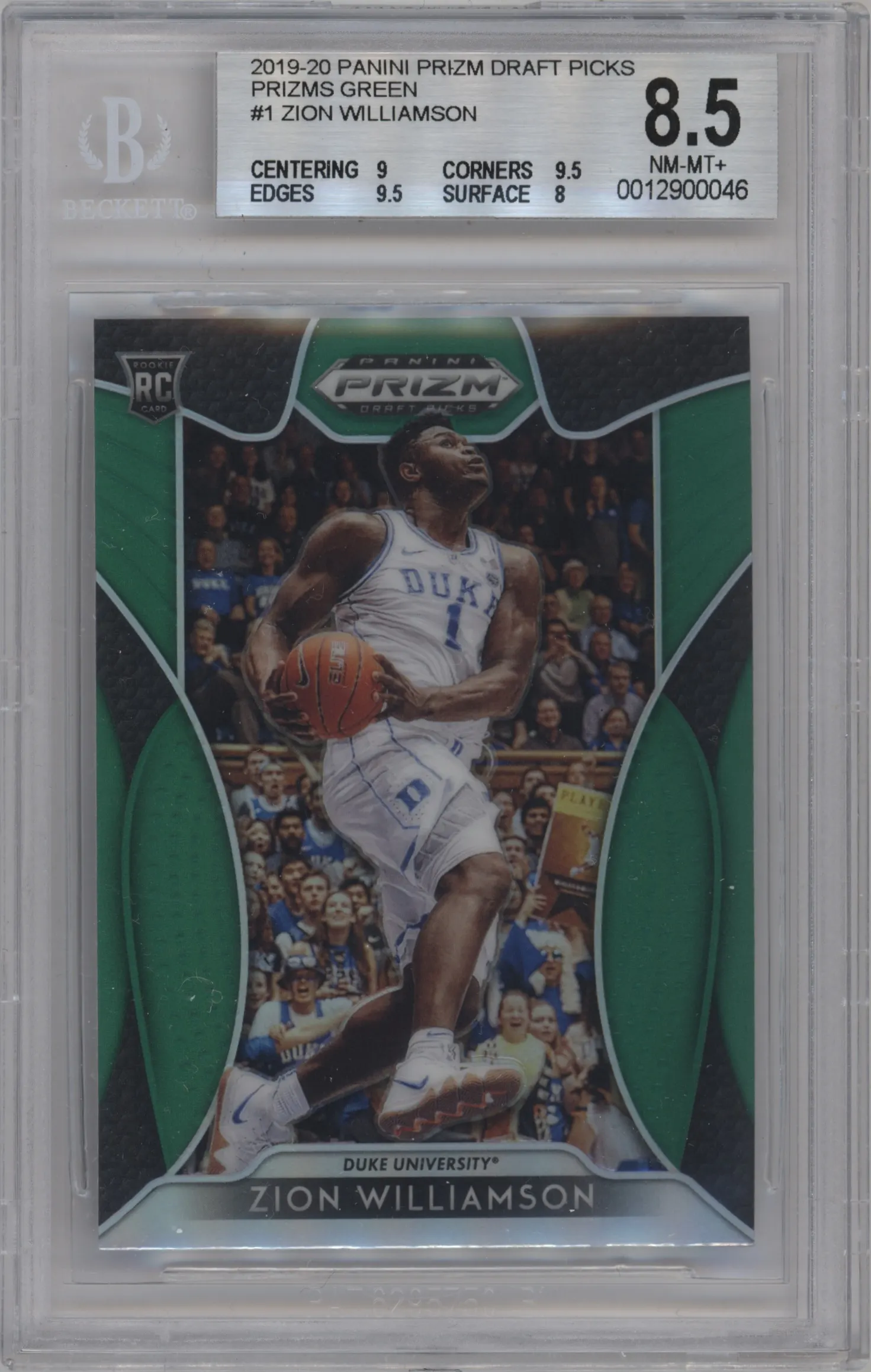 2019 Panini Prizm Draft Picks Zion Williamson Green Prizm #1 BGS 8.5