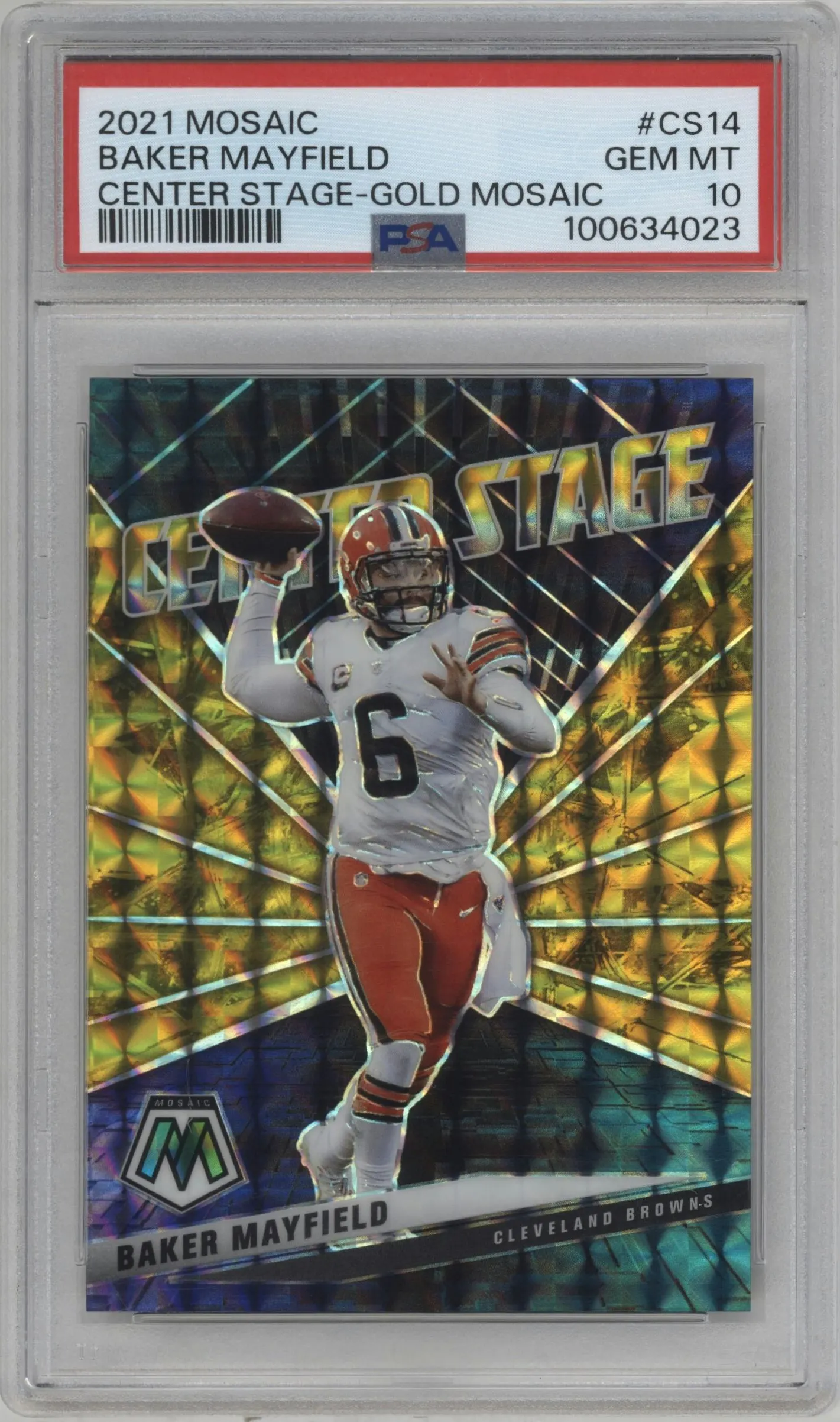 2021 Panini Mosaic Center Stage Baker Mayfield Gold Mosaic #CS14 PSA 10